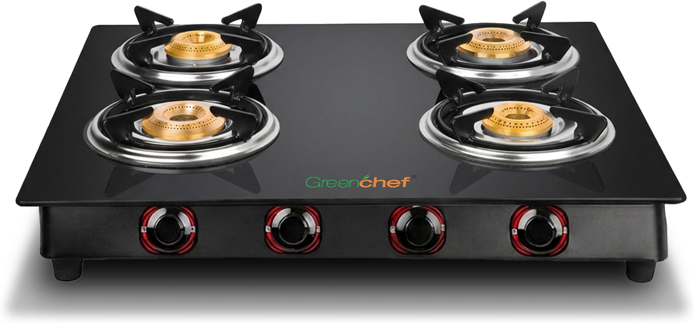 GREENCHEF Elon Glass cook top Four Burner Gas stove,Black Body (Manual Ignition), toughened glass top, Compact Design, pan support โ ISI certified (4)