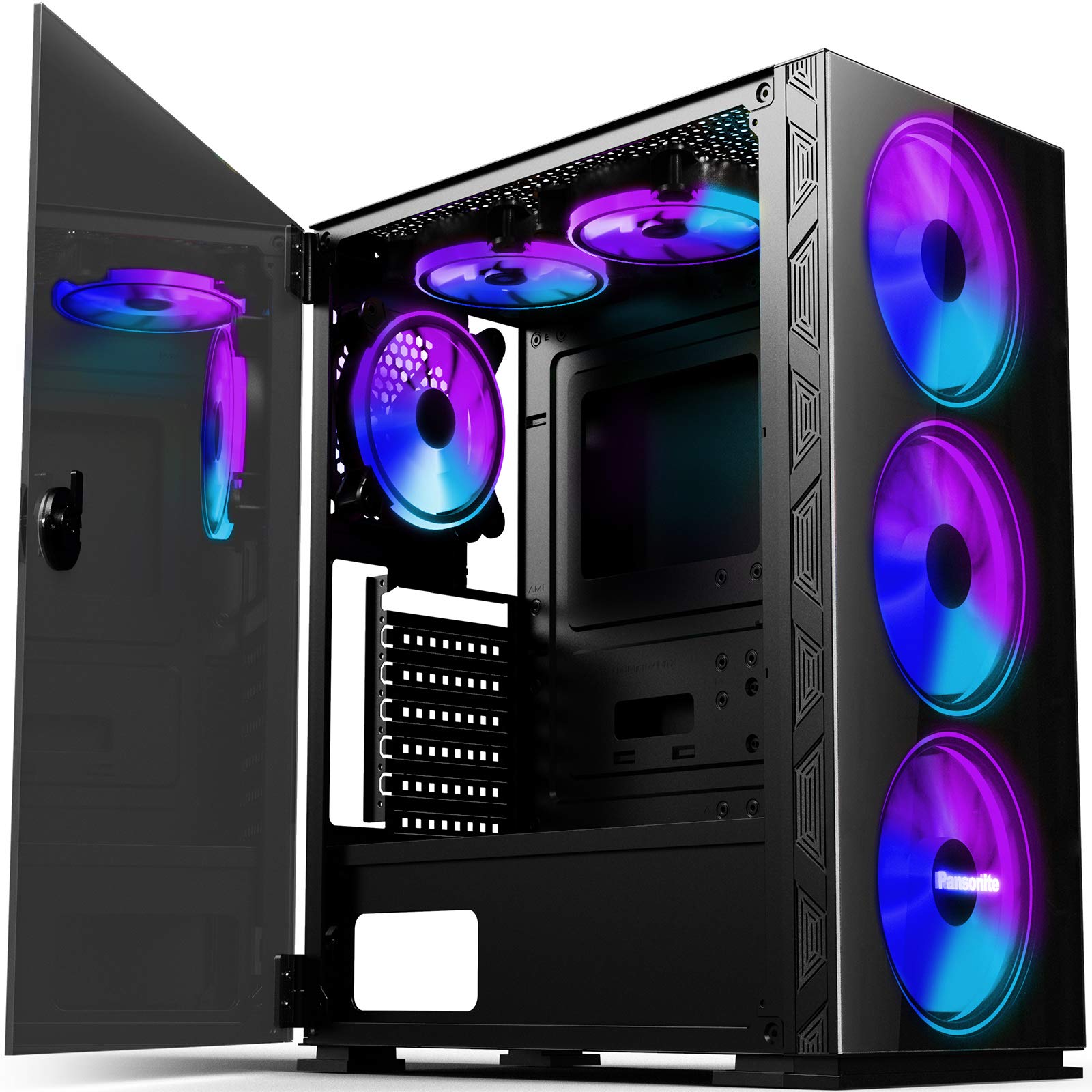 Pansonite Airflow ATX Mid-Tower Chassis PC Gaming Case with Door Opening Tempered Glass Side Panel,Side Ventilation, E-ATX Supported, 6 RGB Fans Pre-Installed (G01-DX6-0)
