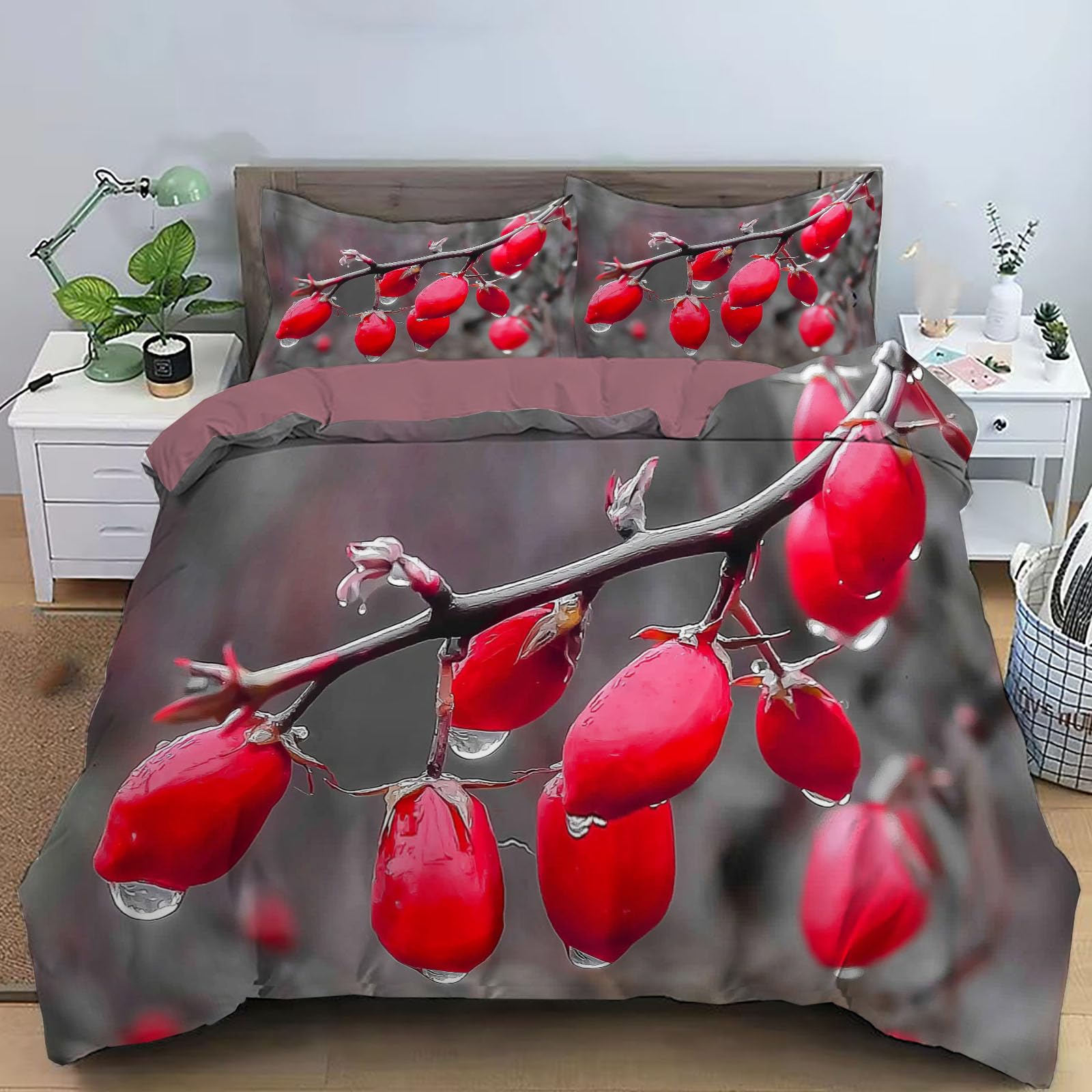 Housse de couette 140x200cm anti-ternissement parure de lit grise rouge motif paysage d'hiver 3D
