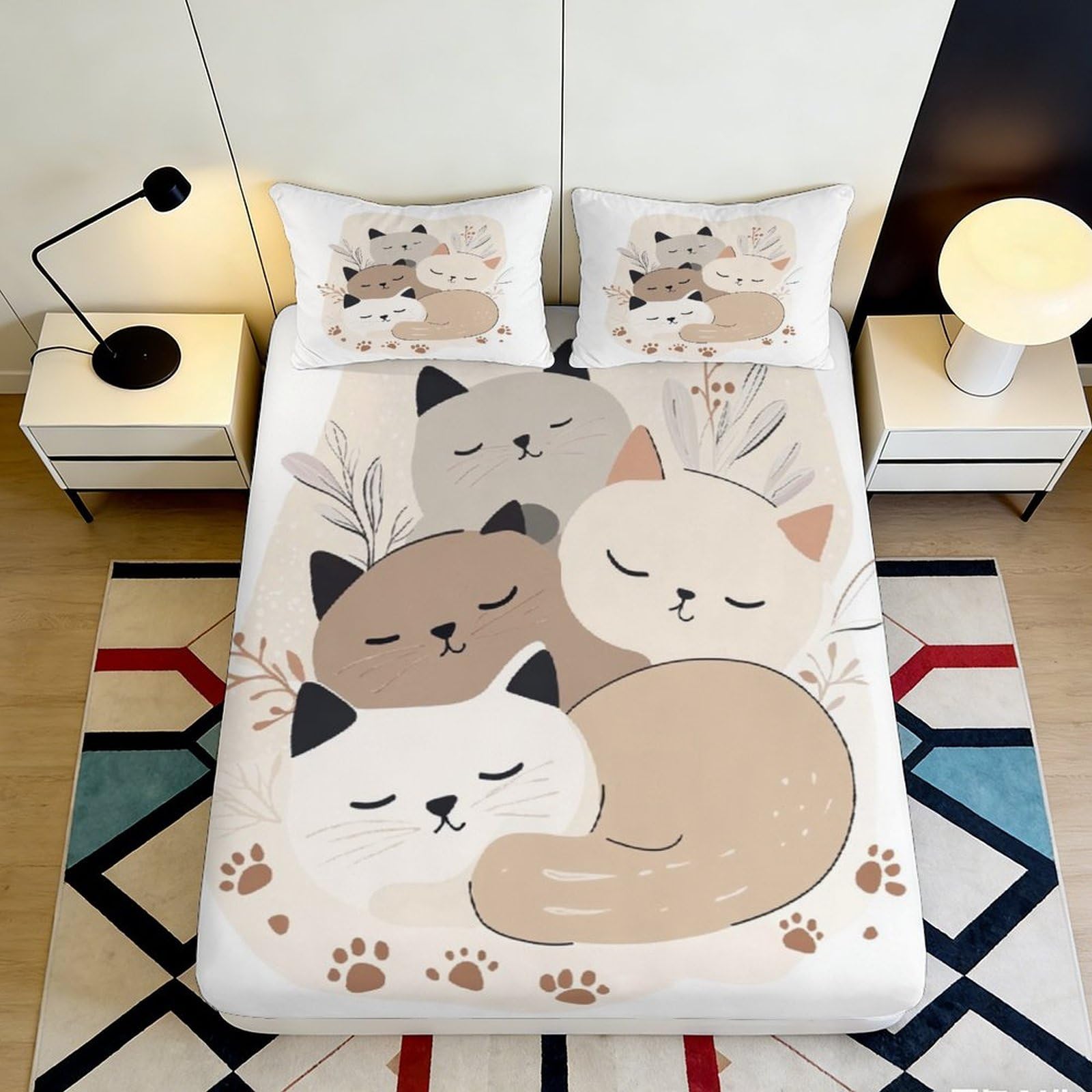 3D Printed Cute Sleeping Cats Fitted Sheet Microfiber Soft Breathable Cozy Cat Pattern Bed Cover for Bedroom Dormitory Guest Room Mattress Protection 200x200x25cm