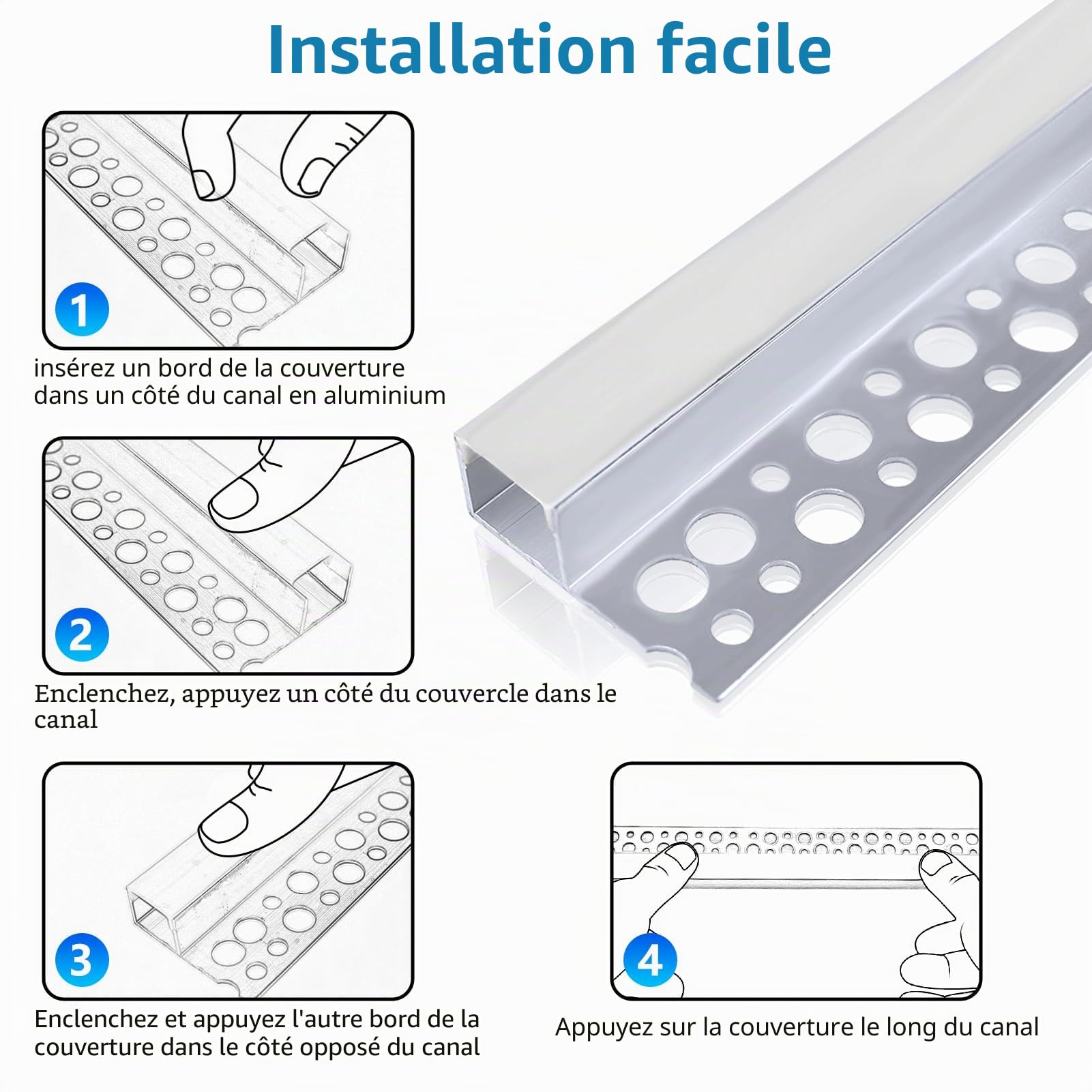 Profil en aluminium à encastrer LED inShareplus, 1 m 6-Pack de canaux LED en aluminium avec diffuseur laiteux, diffuseur LED à canal unique encastré sans bordure pour sous-placard, mur, plafond et