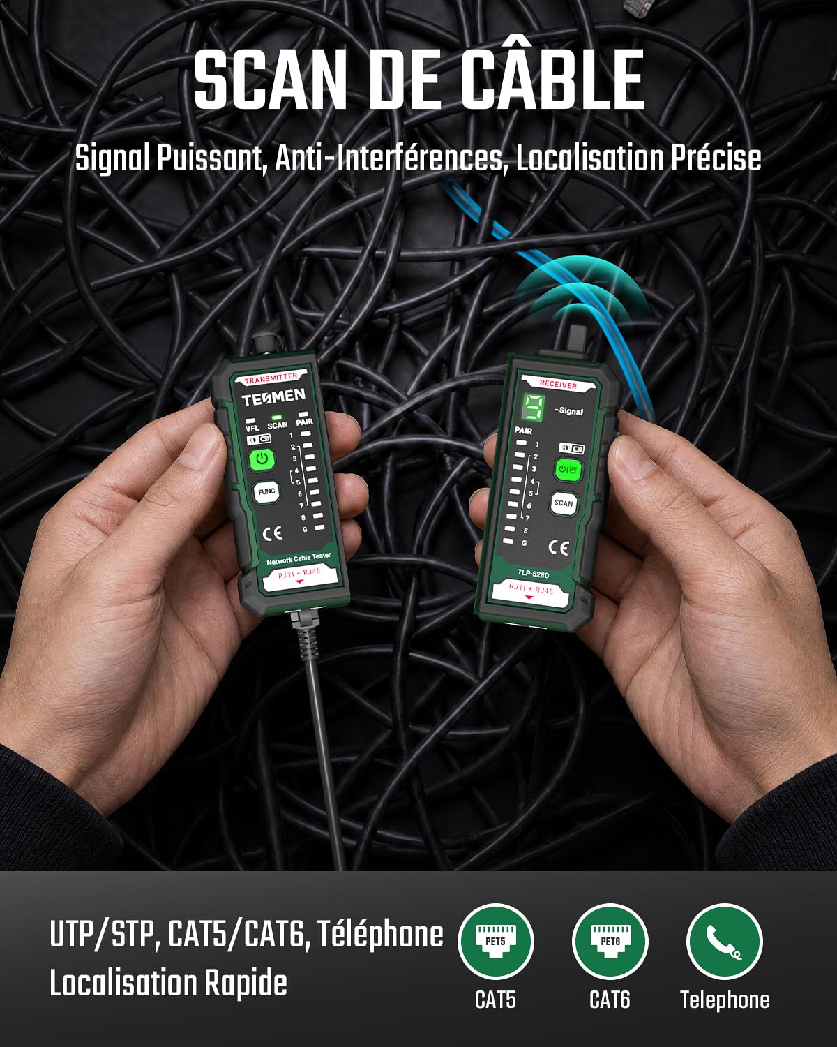 TESMEN TLP-528D Testeur réseau et mesureur VFL fibre optique avec connecteur 2,5 mm, traceur RJ45 Ethernet pour CAT5/CAT6 avec test de continuité, détecteur LAN/TEL et réparation domestique