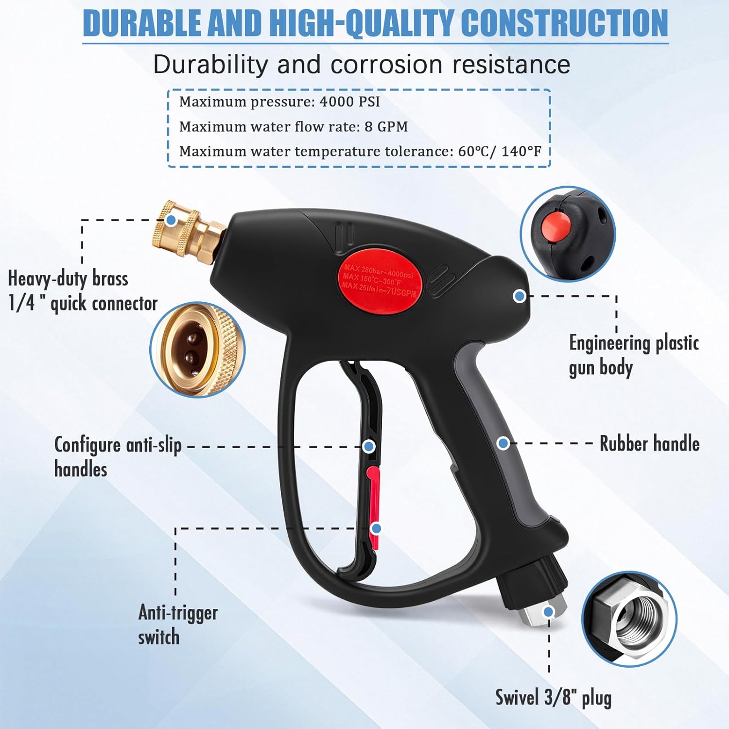 Pressure Washer Gun Kit with 2 Pressure Washer Wands, 5 Nozzle Tips, Swivel 3/8" Plug & M22 Fitting, 38 Inch, 4000 PSI