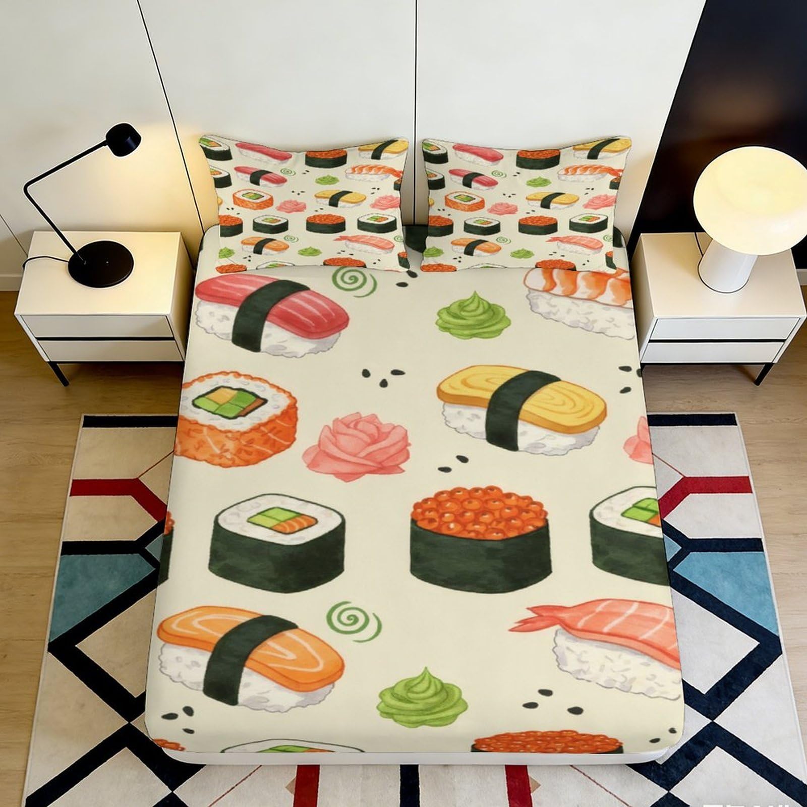 3D Printed Sushi Pattern Fitted Sheet Microfiber Soft Breathable Japanese Food Bed Cover for Bedroom Dormitory Guest Room Mattress Protection Decor 140x200x25cm