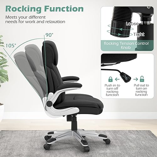 Miniatura 10 de COSTWAY Silla de oficina ejecutiva, silla ergonómica de piel sintética para computadora con reposabrazos abatibles y soporte lumbar, silla de tareas