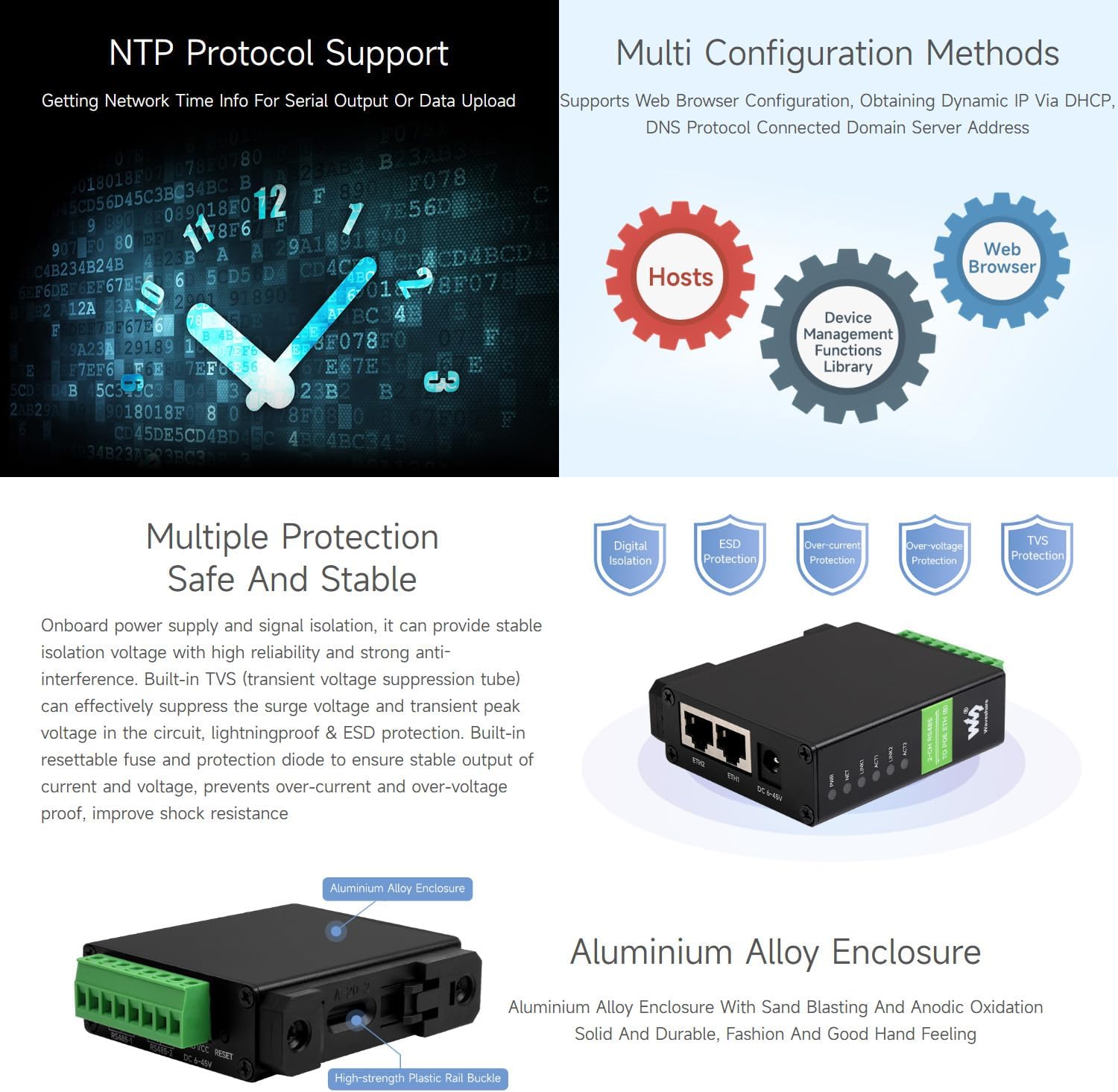 Waveshare 2-Ch RS485 to RJ45 Ethernet Serial Server, Dual Channels RS485 Independent Operation, Rail-Mount Industrial Isolated Serial Module, PoE Ethernet Port