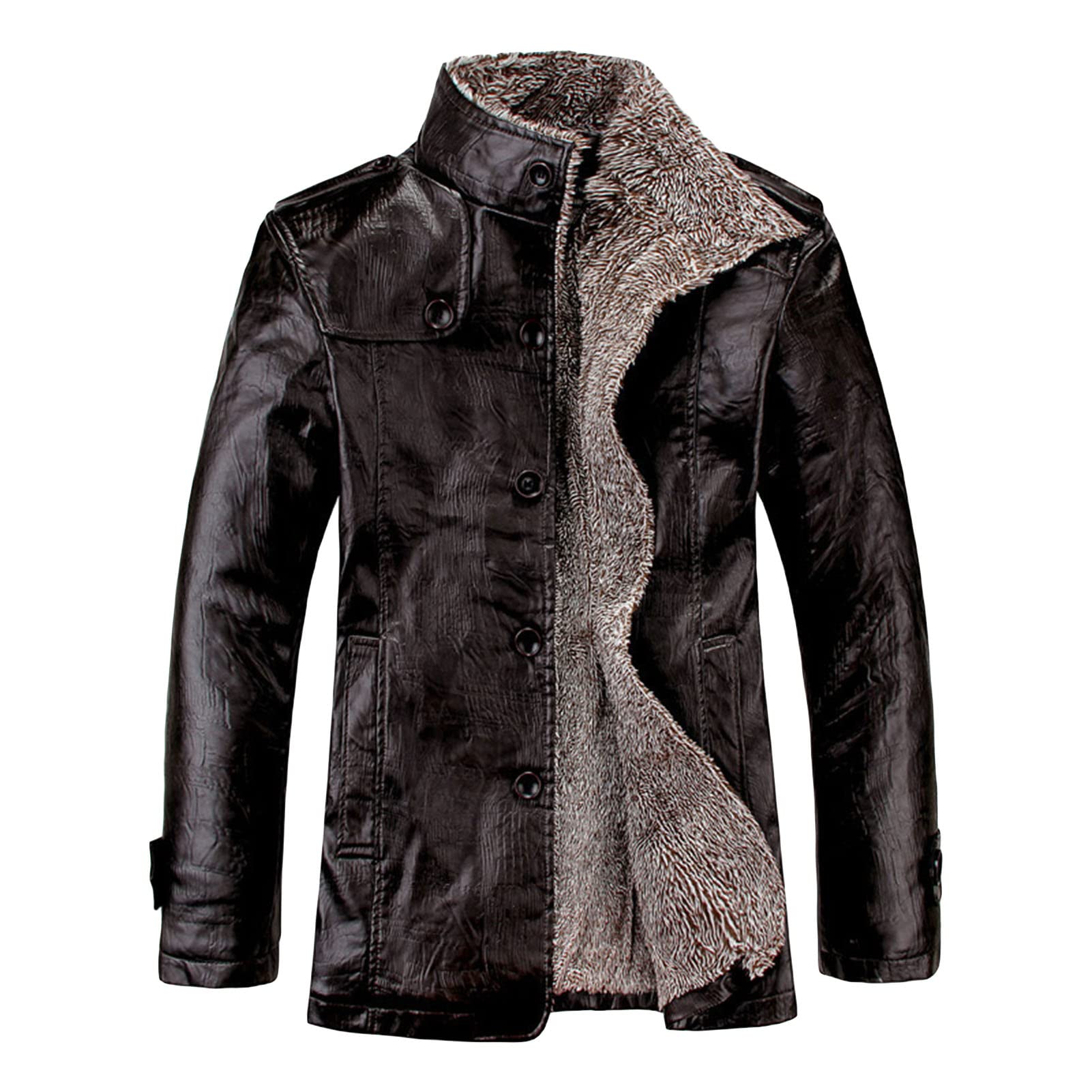 Maiyifu-GJ Men's Vintage Faux Leather Jacket PU Zip Up Stand Collar Trucker Coat Lapel Sherpa Lined Warm Slim Fit Jackets (Black,5X-Large)