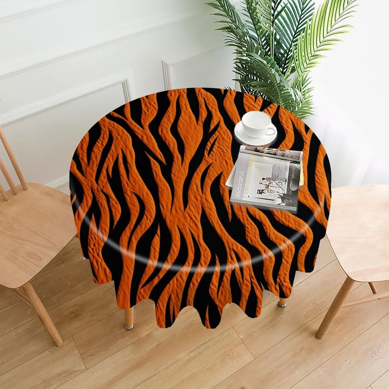 FodPand Tiger Stripes Orange Round Tablecloth - 60 Inch Premium Polyester Table Cloth, Fashion Wrinkle Resistant Decorative Table Cover for Dining Kitchen Party Buffet Tables