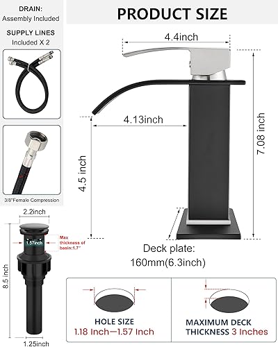 Miniatura 7 de Midanya Grifo de baño con boquilla de cascada, de un solo orificio o montaje en cubierta de 3 agujeros, grifo de fregadero de acero inoxidable 304