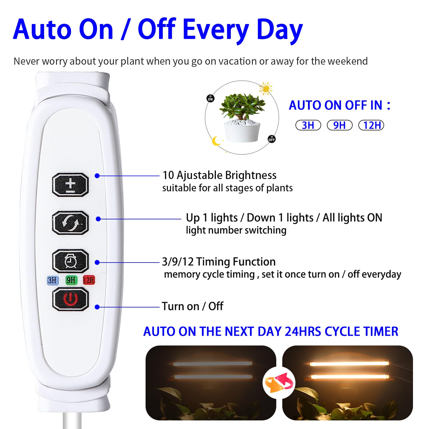Hywyimlait Lámpara de cultivo de tira de 13 pulgadas para plantas de interior, tiras de luz LED de espectro completo de 3500 K con encendido/apagado automático, temporizador de 3/9/12 horas y 10
