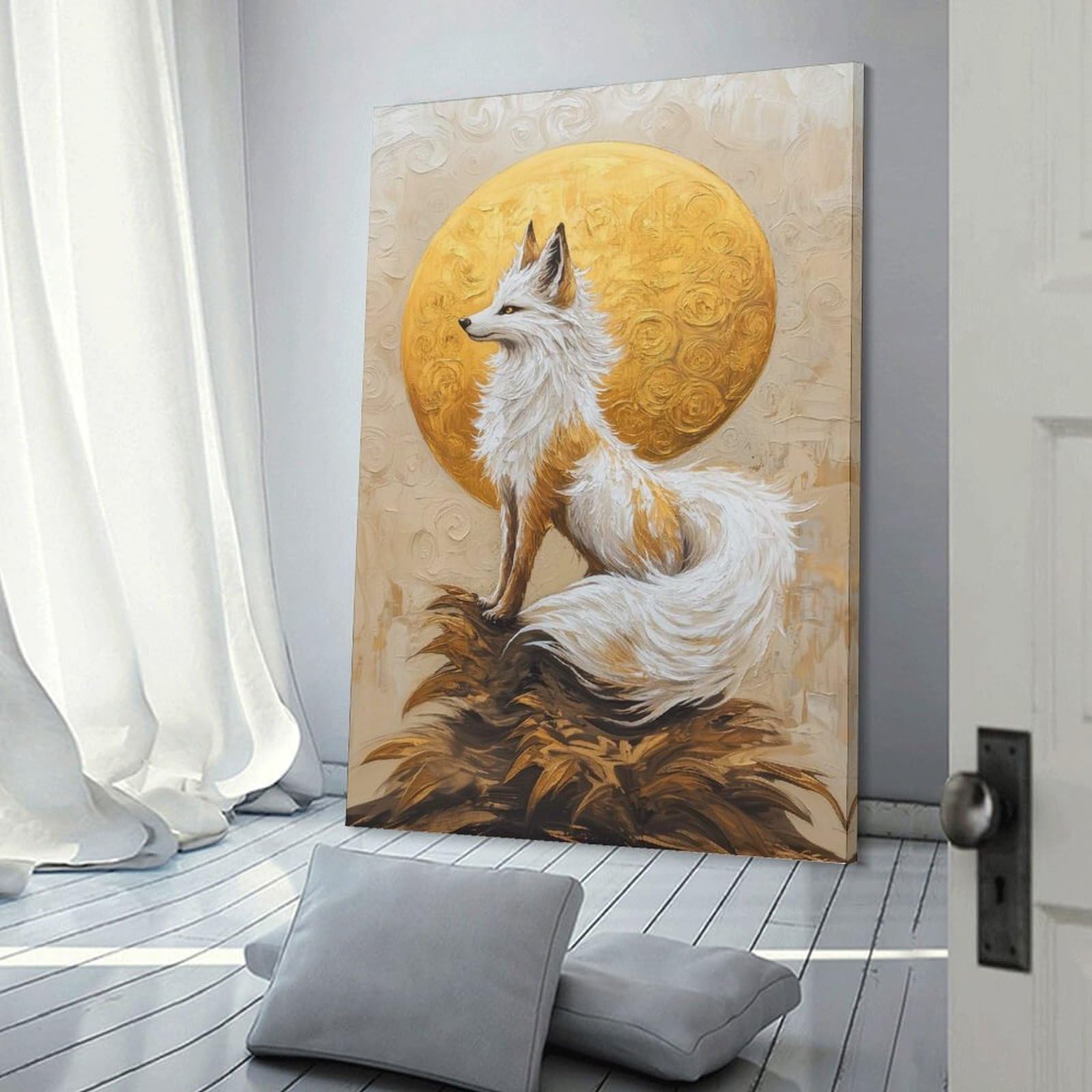 Junmoney Frame-Style-10 Golden Fox Painting Wall Picture Print, 20X30inch(50X75cm), For New Homes, Bedrooms Or Workspaces, Thoughtful Wall Decor For Art Lovers