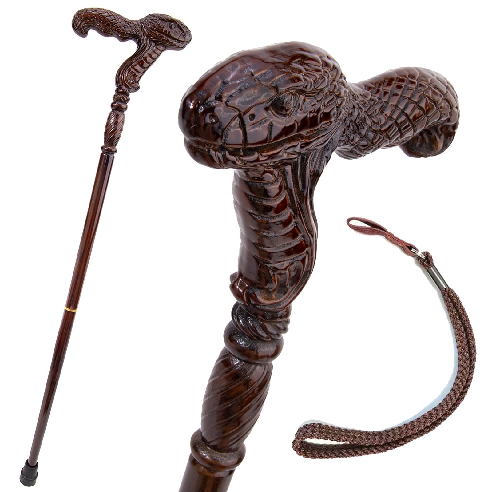 Bastone da Passeggio con Testa di Serpente in Legno, Bastone da Passeggio | 37 pollici, manico ergonomico rimovibile, punta in gomma antiscivolo, per uomini, donne e anziani, Cospaly