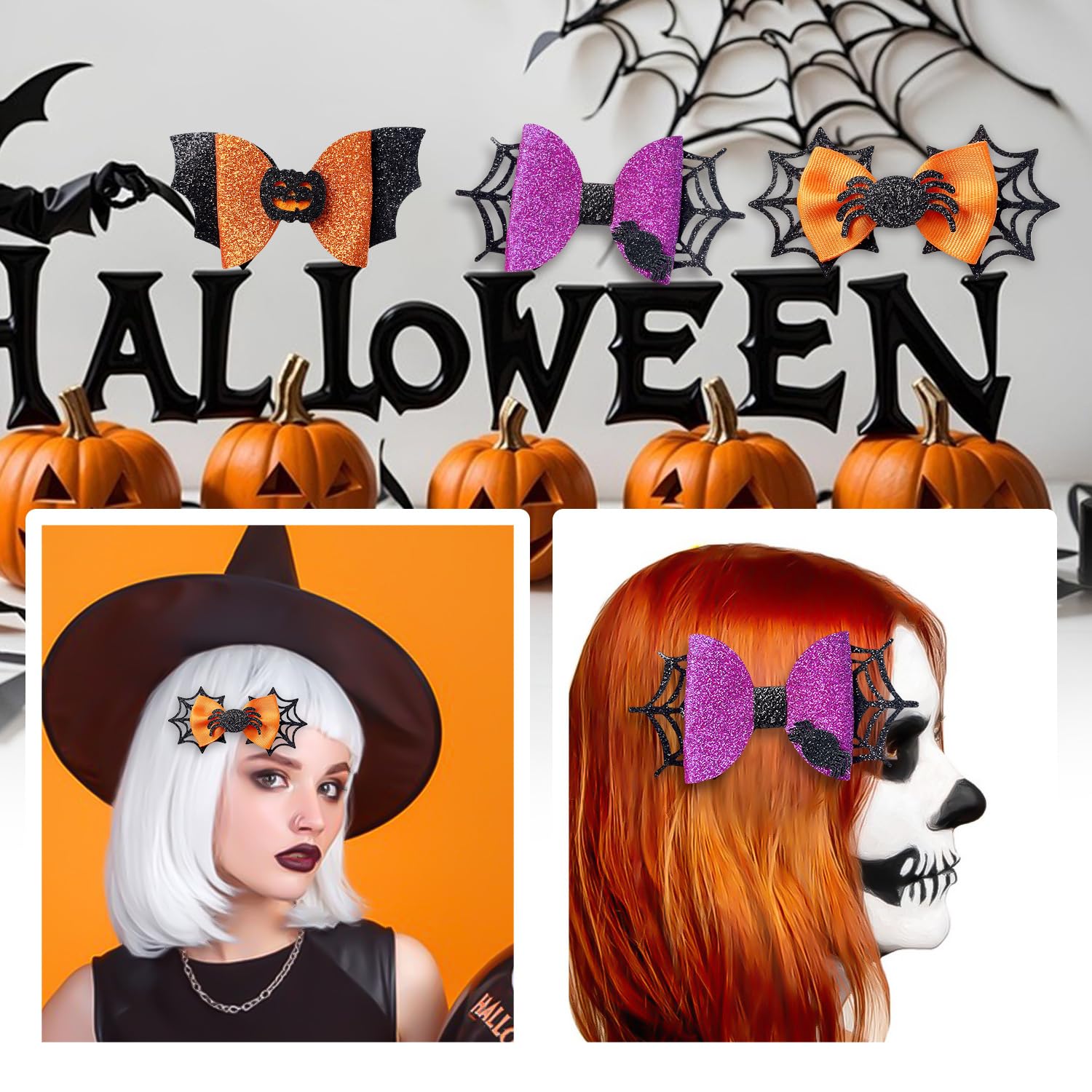 Miaija 6Pieces Halloween Hair Bow Clips Glitter Pumpkin Bat Spider Bow Hair Clip Multicolor Halloween Cosplay Party Girl Decoration for Women Kids Hair Accessories - Image 4