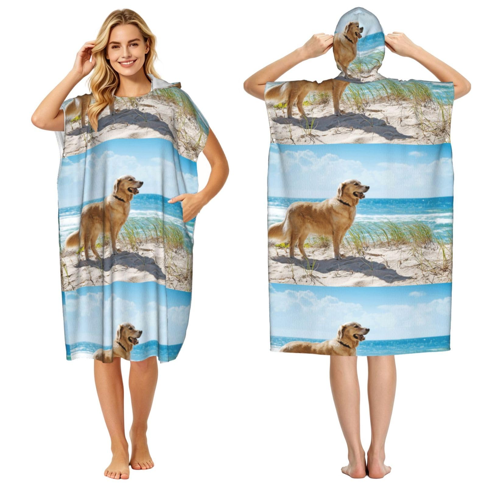 Poadnly Golden Retriever, Adult Hooded Beach Towel 90 x 110 cm,Changing Bath Robe, Surf Poncho Towel For Women Men