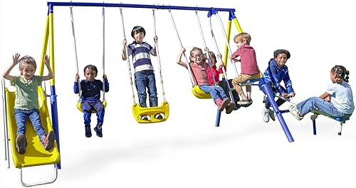 Sportspower Royal Fun - Juego de columpios de metal para niños de 3 a 8 años con 2 columpios, columpio de pie, planeador, tobogán Teeter-Totter y