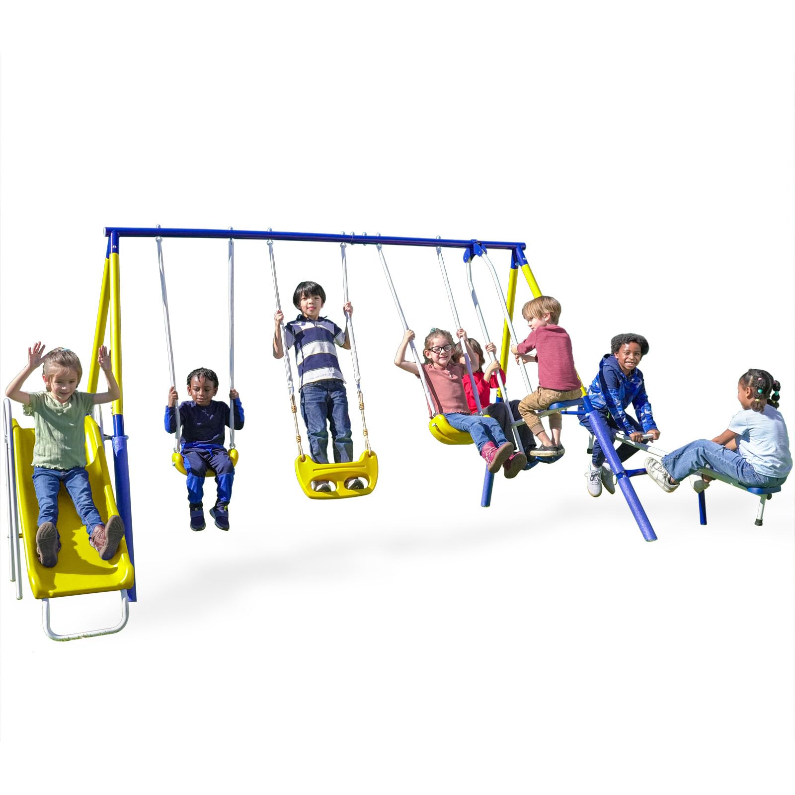 Sportspower Royal Fun Metal Swing Set for Kids Ages 3-8 with 2 Swings, Standing Swing, Glider, Teeter-Totter & 5FT Slide, Anchor Kit, 6.1FT Steel Frame, Outdoor Playground with 800 lbs Weight Capacity
