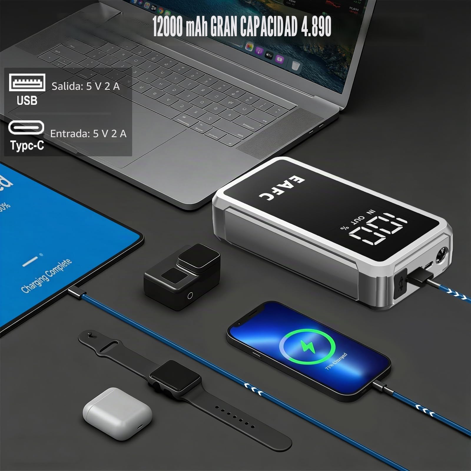 Arrancador De Coches 12000mAh, 5000A Arrancador De Baterias De Coche 12V(10L Gasolina/6L Diesel), Arrancador Bateria Moto con 3 Modos LED, Pantalla LCD, Salidas USB 2.0, Bolso de Mano