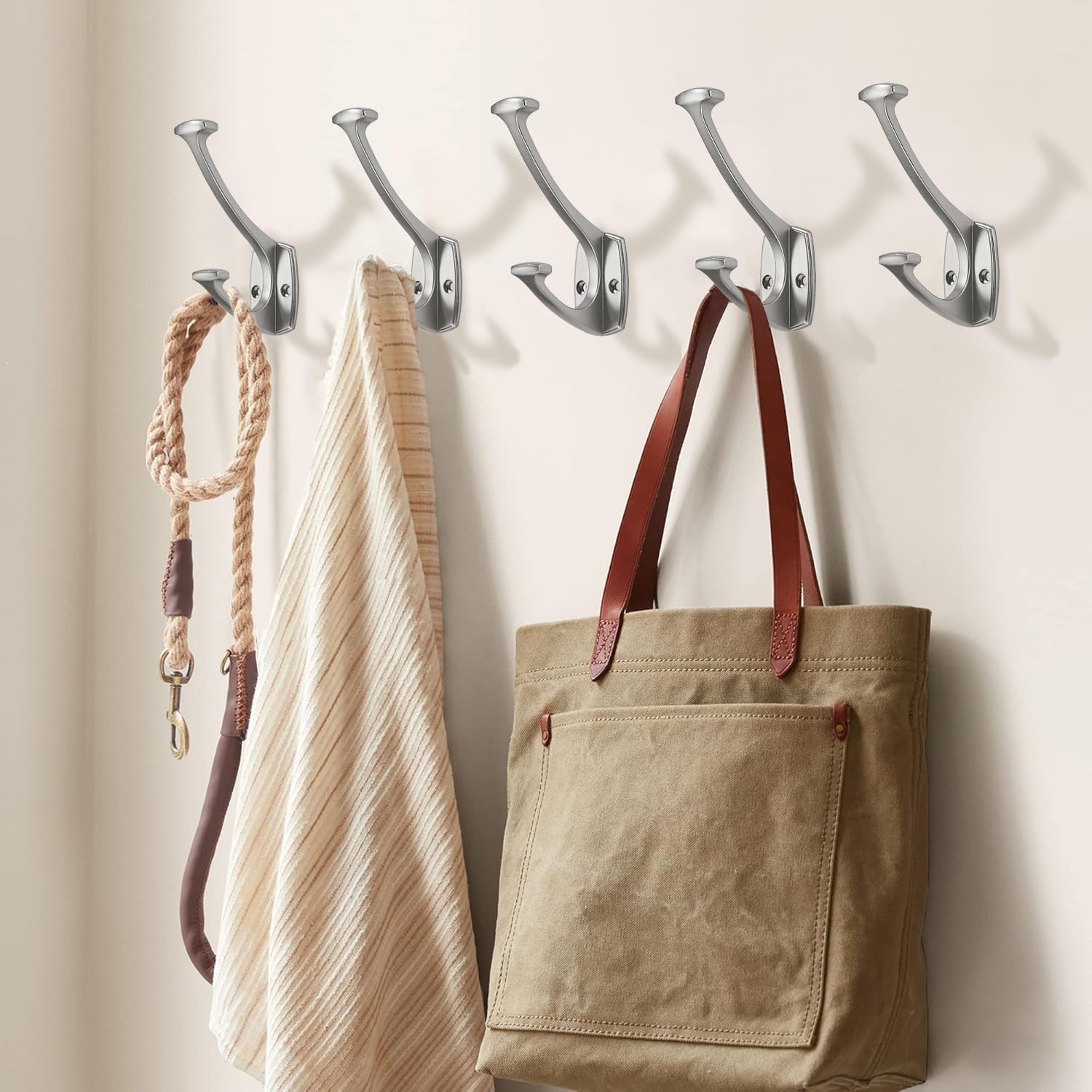 5 Pack Brushed Satin Nickel Hooks Decorative Heavy Duty Solid Large Coat Hooks for Towel Hanging Coats Robe Wall Mounted Towel Bags Door Back Bathroom Wall Hook.