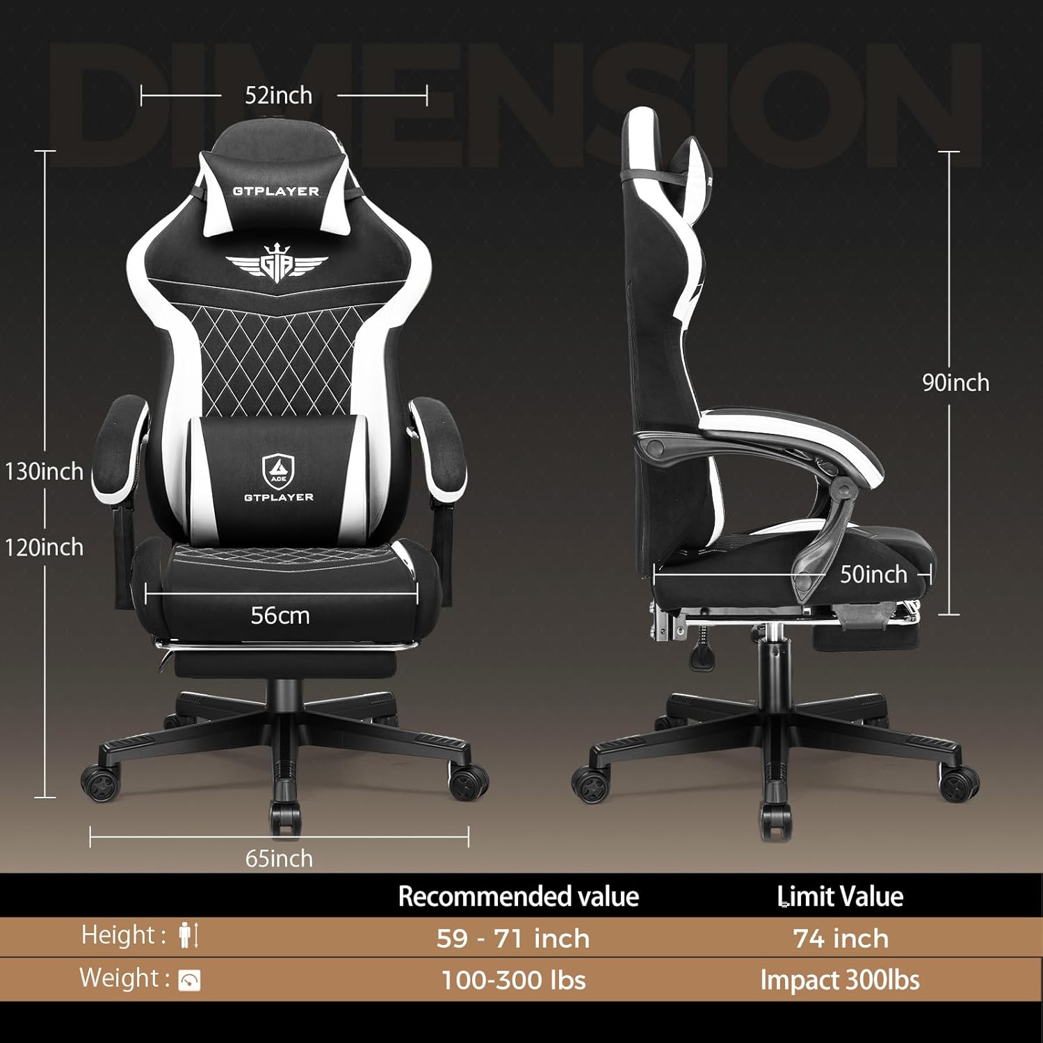 GTPLAYER Gaming Chair with Footrest, Big and Tall Game Chair High Back Computer Office Chair with Lumbar Support for Adults, Ergonomic Swivel Games Chair with Cushion Gaming, Fabric Black