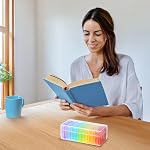 Fullicon Small Pill Organizer for Purse, Travel Medicine Pill Case, Weekly 7 Day Daily Pill Box, Pill Container Holder with Labels (Clear Rainbow)