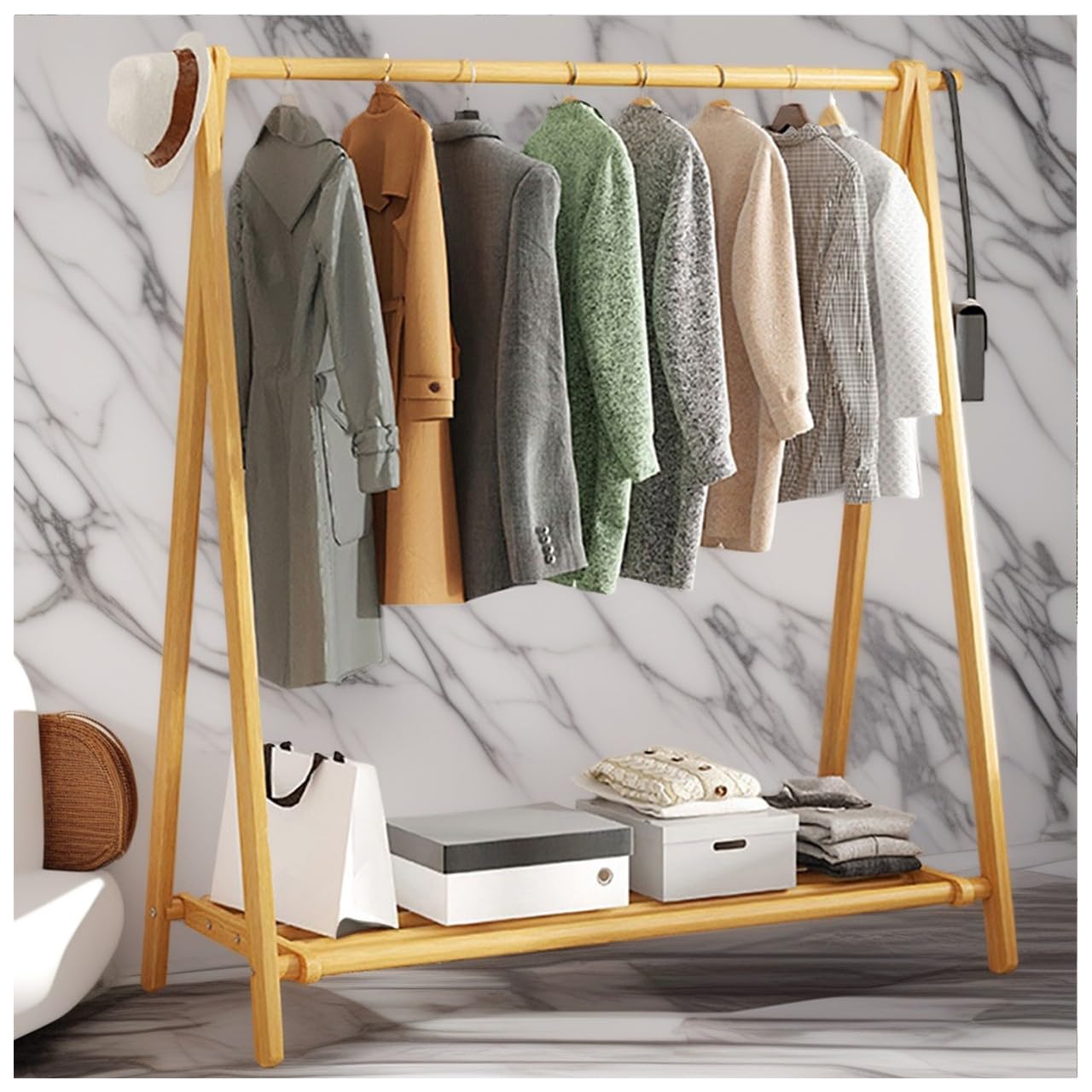 BEARQUN wooden clothes rail rack Coat stand Rack, Large Foldable Hanging Clothes, Stand Garment Rack with Storage Shelf/shelf, Maximum Load 100kg, clothe storage wardrobe:60/80/100/120CM