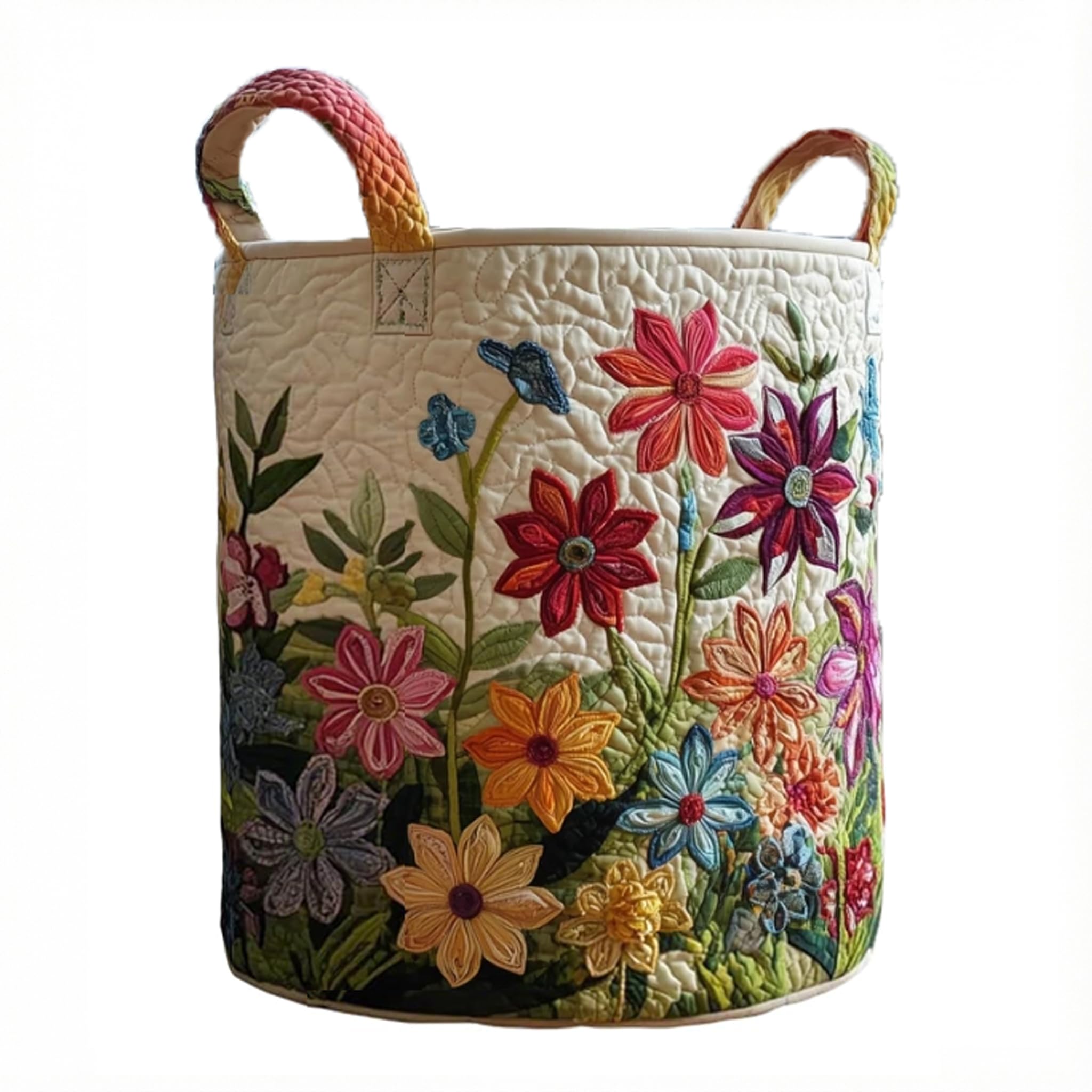 Quilted Laundry Basket Boho Fabric Floral Storage Hamper for Nursery Bedroom Laundry Room Clothes Toys (Flower field)