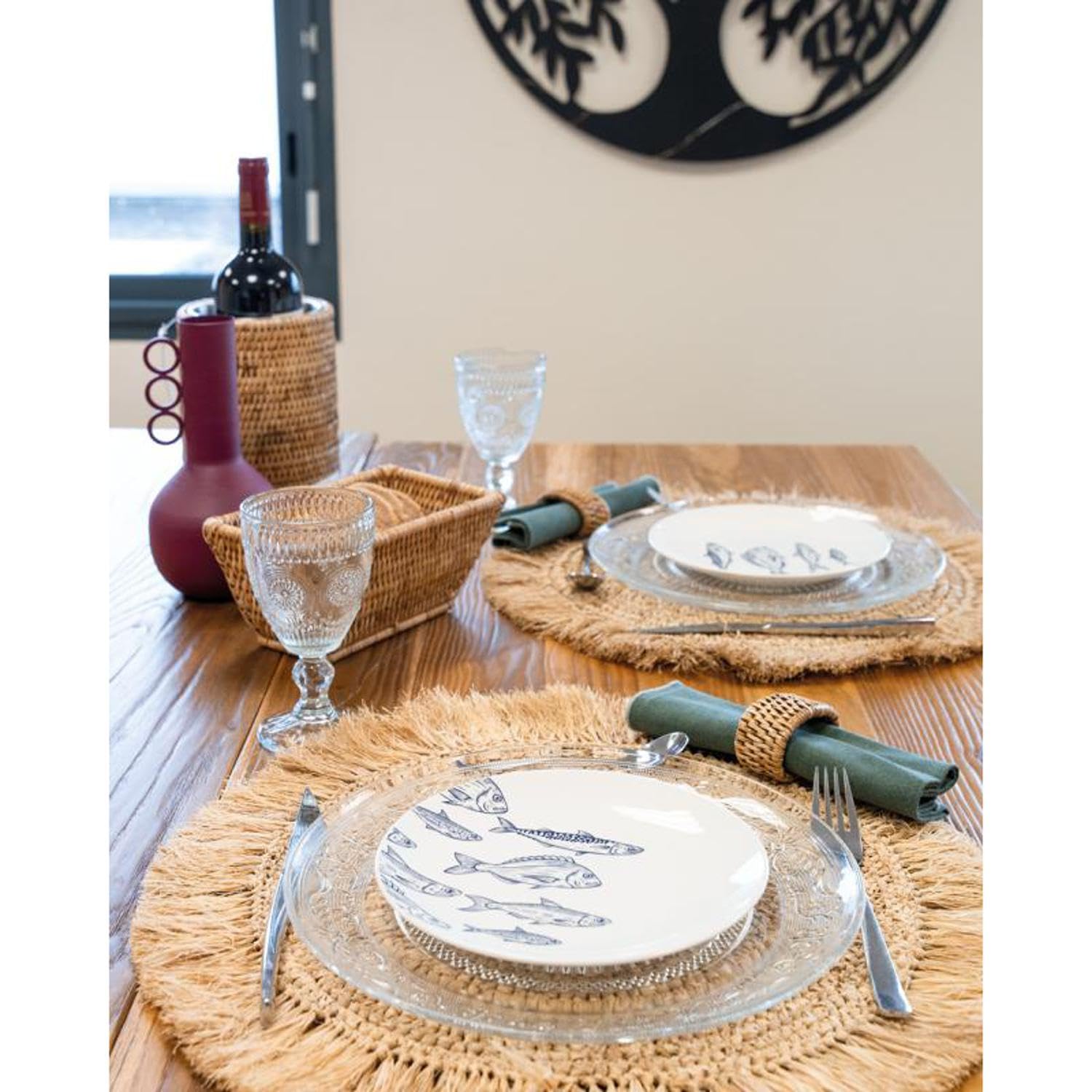 AUBRY GASPARD - Set de Table Rond en Raphia - Lot de 6 - Ø 45 cm avec Franges - Fabrication Artisanale - Coloris Naturel - Parfait pour Cuisine et Arts de la Table - Élégance Naturelle et