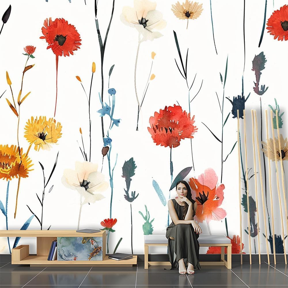 Papier peint 3d moderne fleurs et feuilles colorées pour un salon lumineux 150x105cm