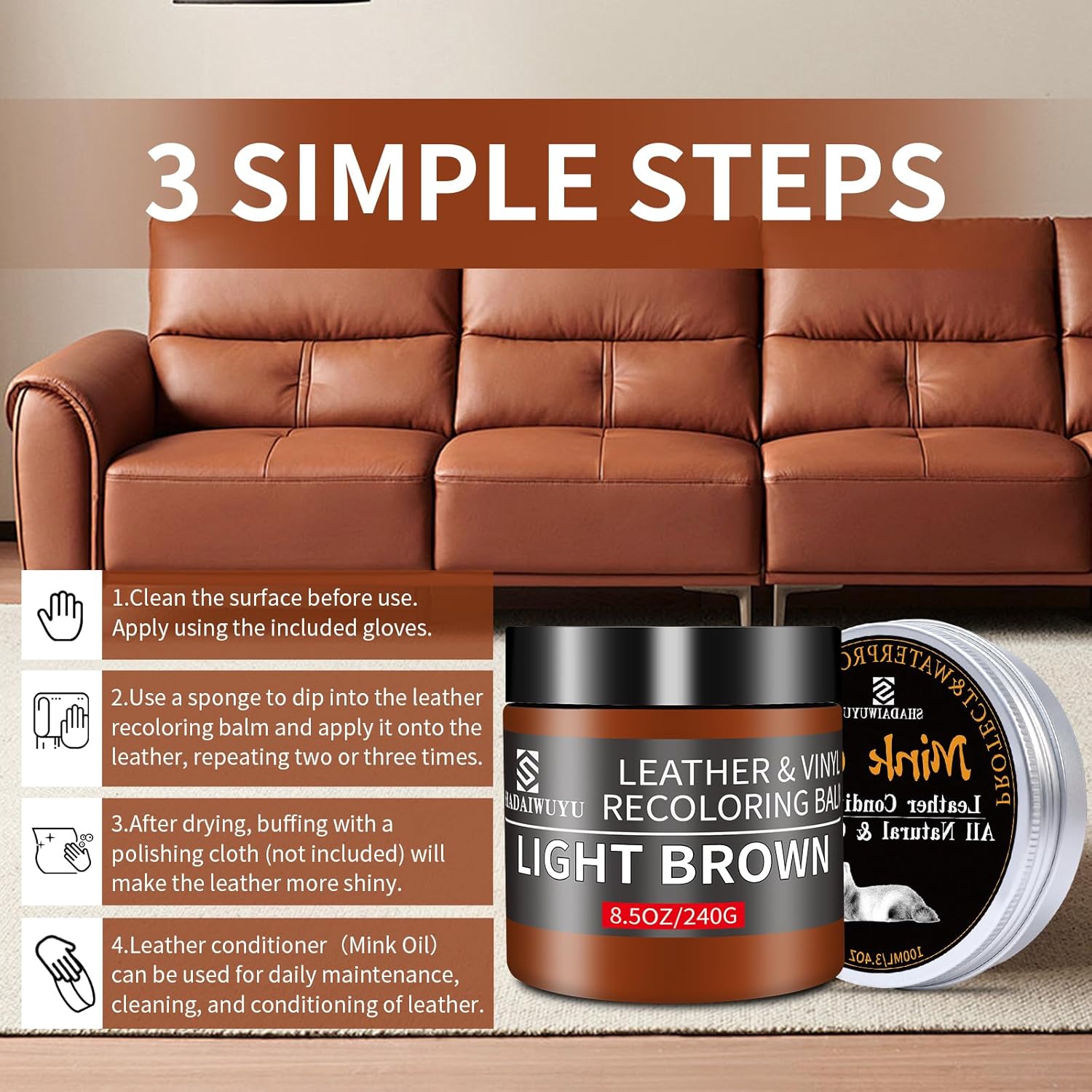 SHADAIWUYU 8.5oz Leather Recoloring Balm with 100ml Mink Oil,Light Brown Leather Repair kit for Furniture and Car Interior,Leather Couch Scratch Repair,Leather Dye Paint,Mink Oil for Leather