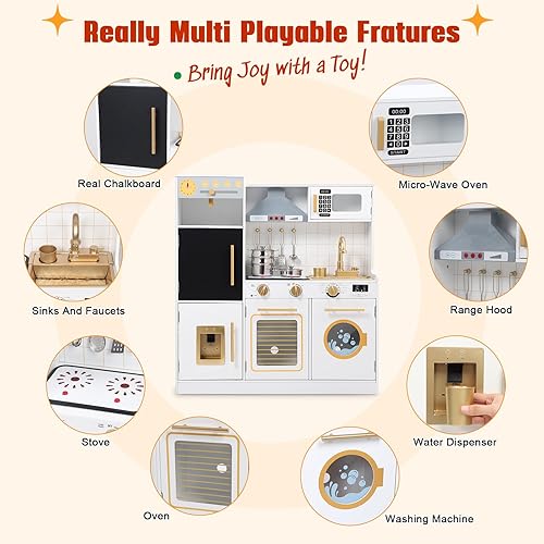 Miniatura 5 de Cocina de juego de madera para niños, cocina imaginativa de chef con luces y sonidos reales, nuevo juguete de cocina moderno para niños pequeños