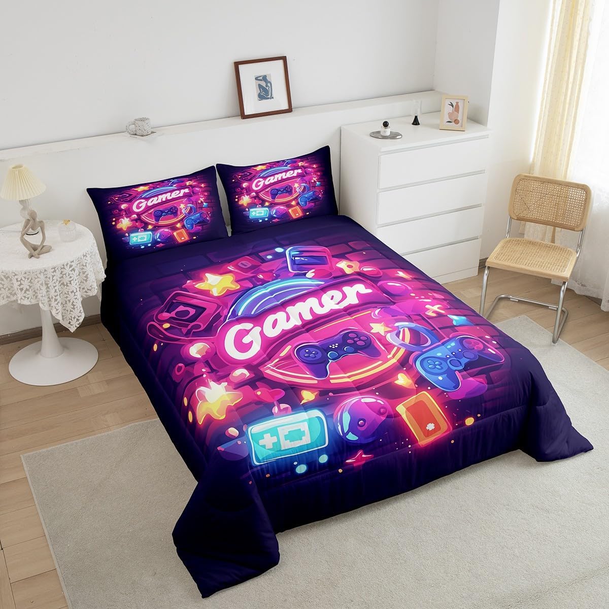 Gamer Neon Style Bedding Set Full Size,Games Equipment Gaming Theme Comforter Set for Teens Boys Adults Room Decor,Hippies Video Games Duvet Insert 3Pcs,Colorful Gaming Quilt Set,2 Pillowcases image 3