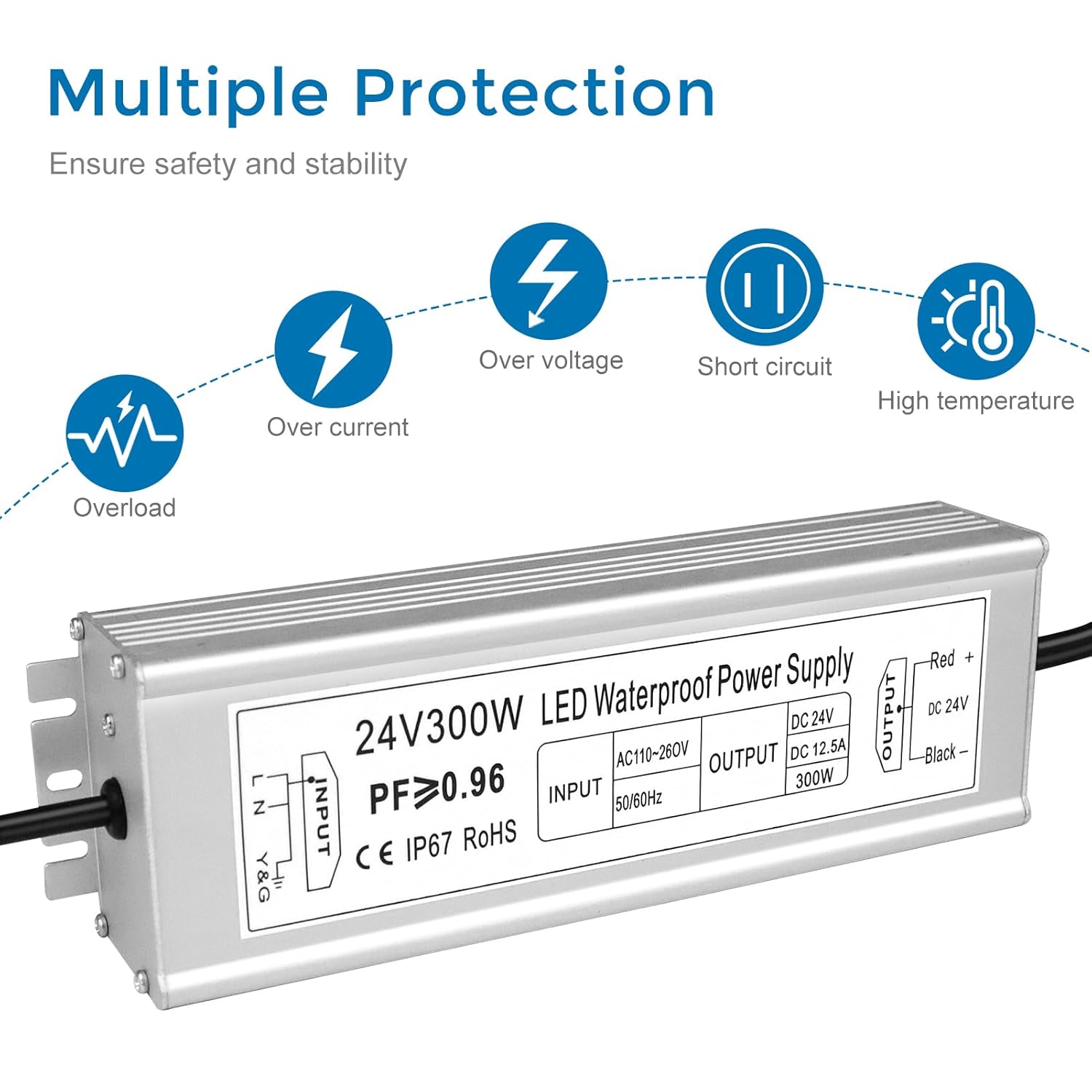 LED Driver 300W 24V Power Supply, IP67 Waterproof Low Voltage Transformer, AC 110-260V to DC 24V 12.5A Converter with 3-Prong Plug 3.3 Feet Cable for Outdoor LED Lights, Industrial, Computer - Image 2