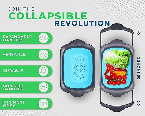 Miniatura 2 de Comfify Colador de cocina grande XL  Colador plegable de silicona sobre el fregadero con asas extensibles  Uso con pasta, frutas, bayas y verduras