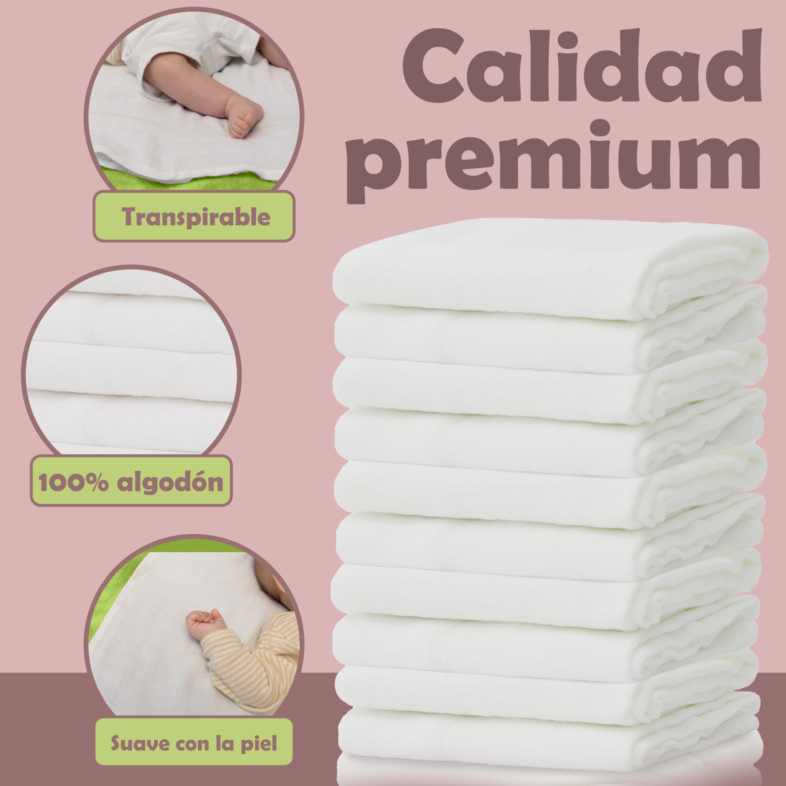 NatureMark Pack de 10 Paños de Muselina para Bebé – 100% Algodón – Suaves y Absorbentes para Lactancia & Cuidado del Bebé, Pañales, Arrullos & Paños de Lavado, 70x70 cm, Blanco
