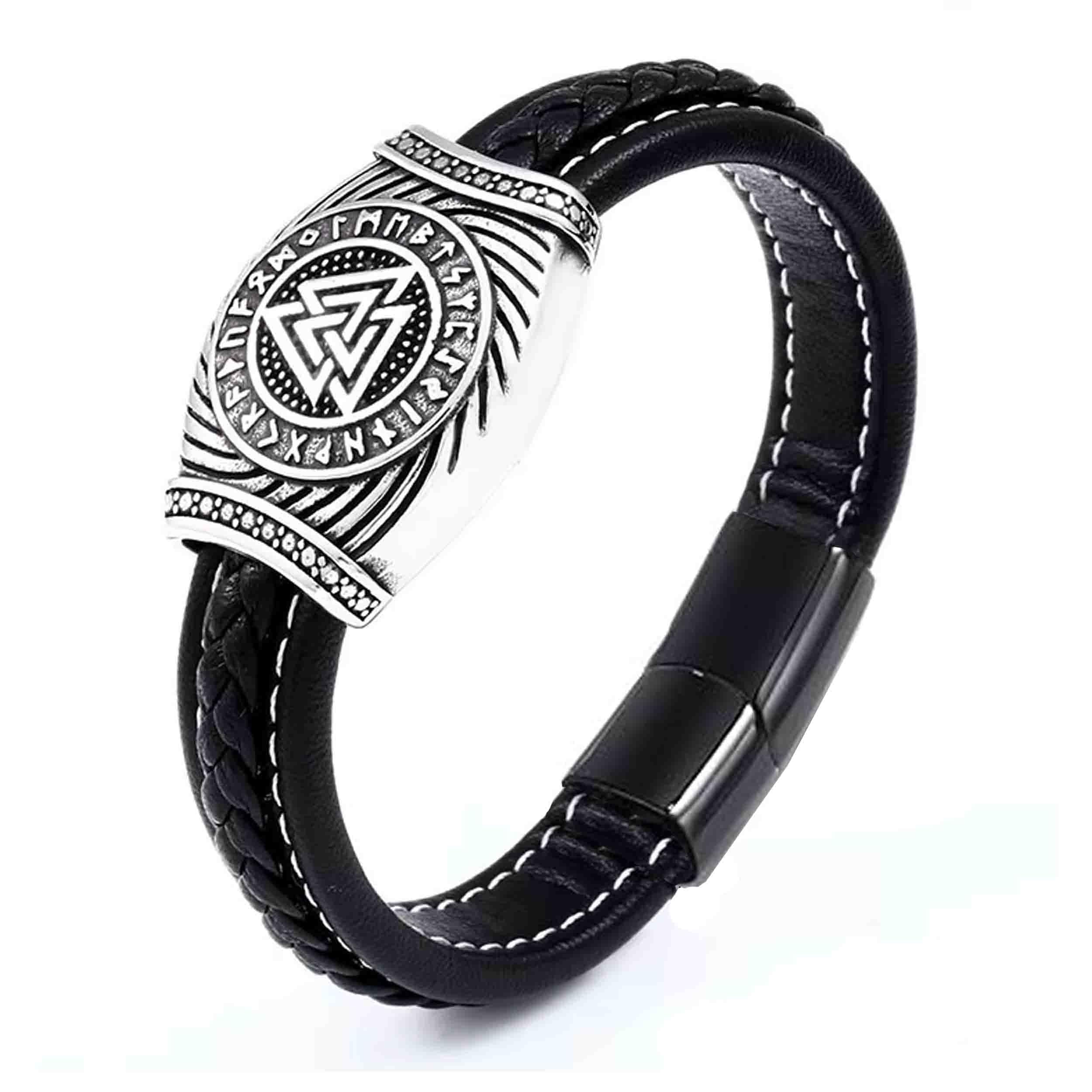 M Men StyleBlack Leather Bracelet Silver Plated Stainless Steel Metal Stylish Design Fashion Jewellery for Men & Boys