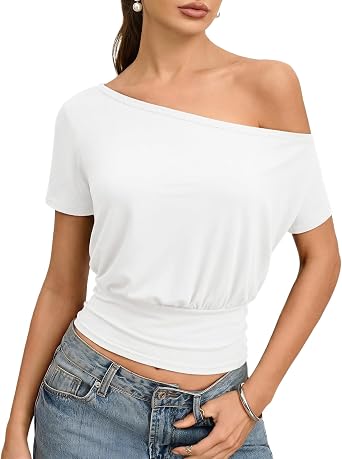 MANGOPOP Off The Shoulder Tops for Women Short Sleeve Asymmetrical Cinched Waist Casual Loose Going Out Trendy Y2k Tops 2026