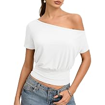 MANGOPOP Off The Shoulder Tops for Women Short Sleeve Asymmetrical Cinched Waist Casual Loose Going Out Trendy Y2k Tops 2026