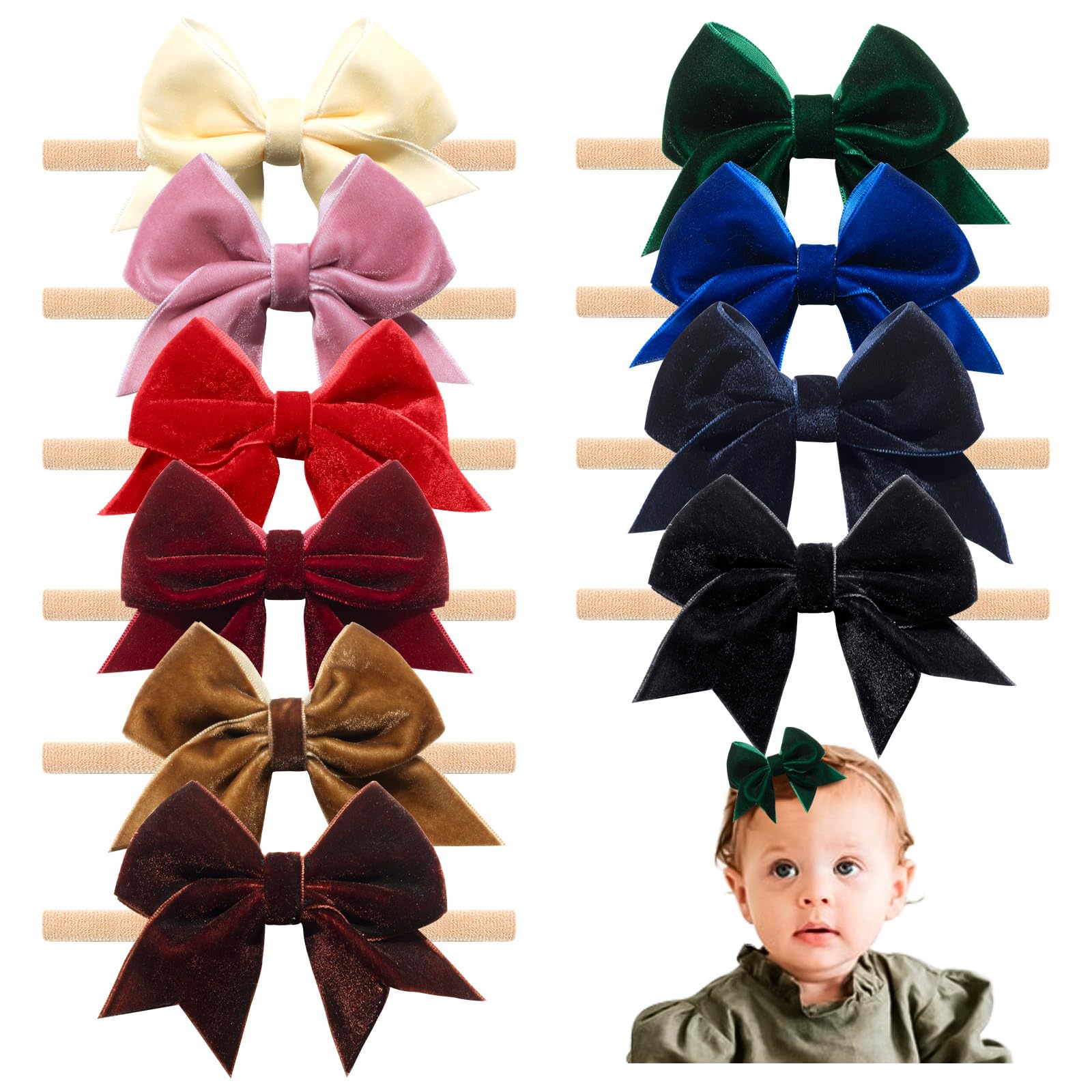 Subesty10PCS Velvet Baby Bows Stretchy Nylon Headbands Baby Girls Handmade Newborn Hairbands Hair Accessories for Toddlers Newborns Infants Kids 3.5Inches