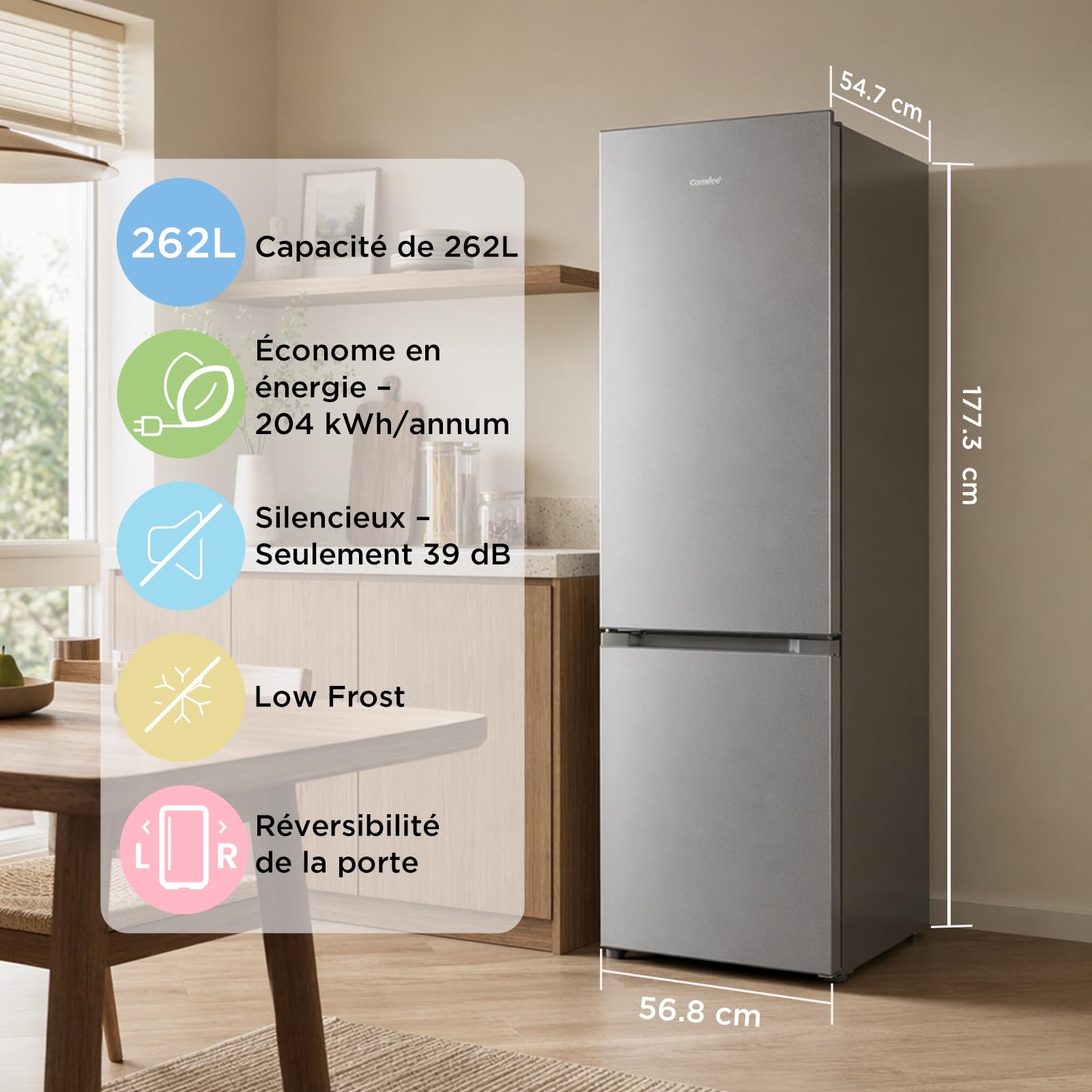 Comfee' RCB268LS2EU(E) Réfrigérateur Combiné, 262L(197+65), Grande Capacité, Low Frost, Hauteur 177,3 cm, Faible Bruit 39 dB, Éclairage LED, Température Réglable, Acier Inoxydable
