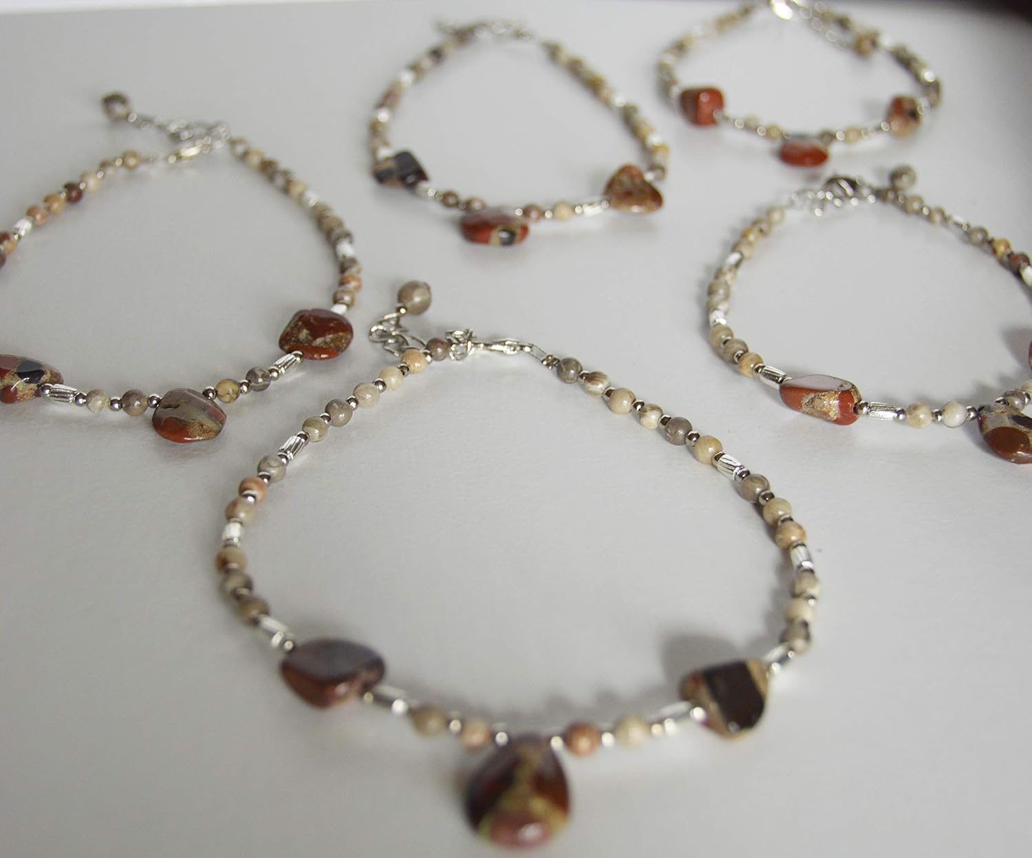Lovely Fossils Coral and Puddingstone bead Anklet jewelry adjustable one of a kind natural stone