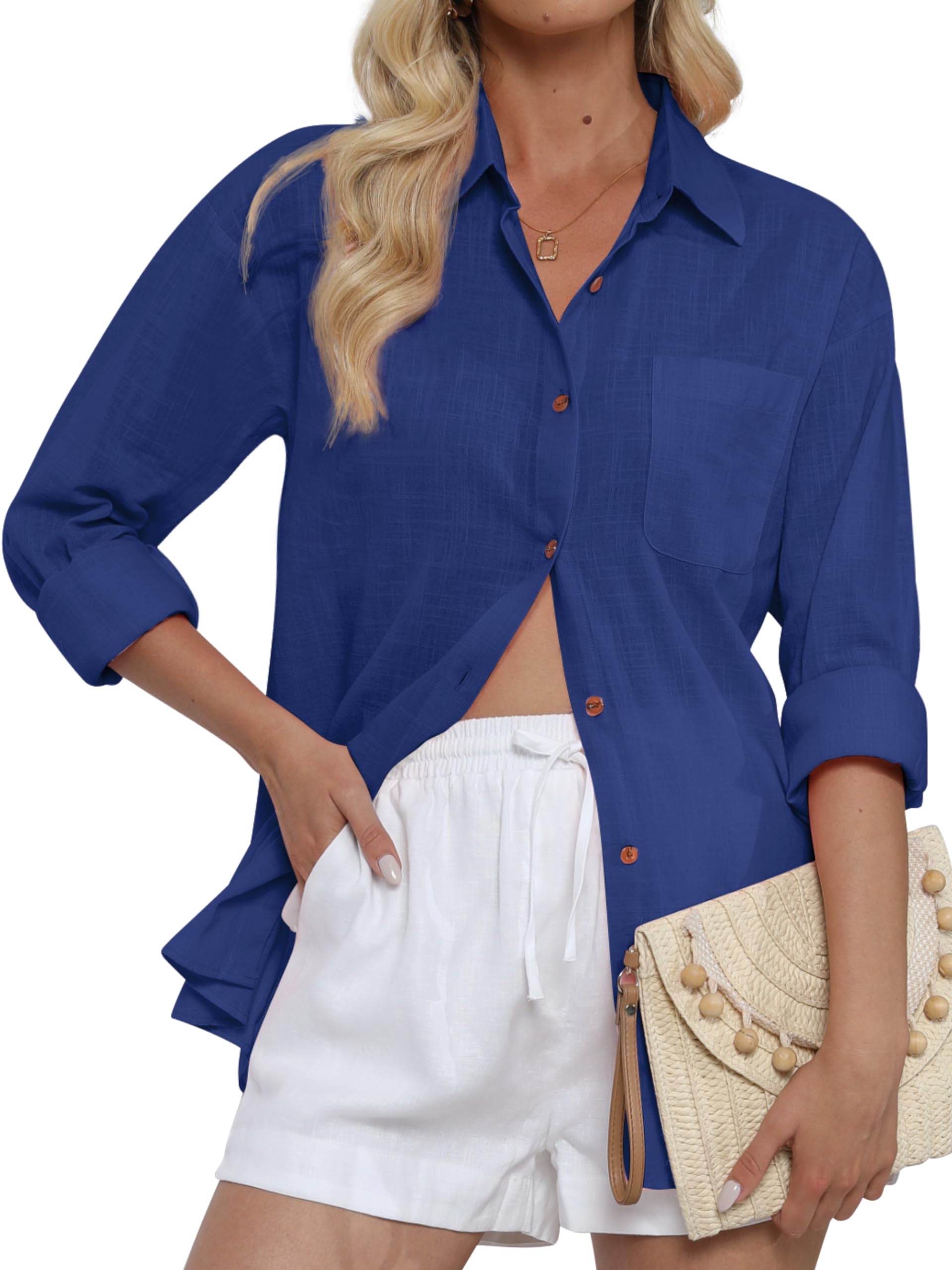 CUNLINWomen's Button Down Shirts Long Sleeve 2025 Fashion Summer Beach Wear for Women with Front Pocket