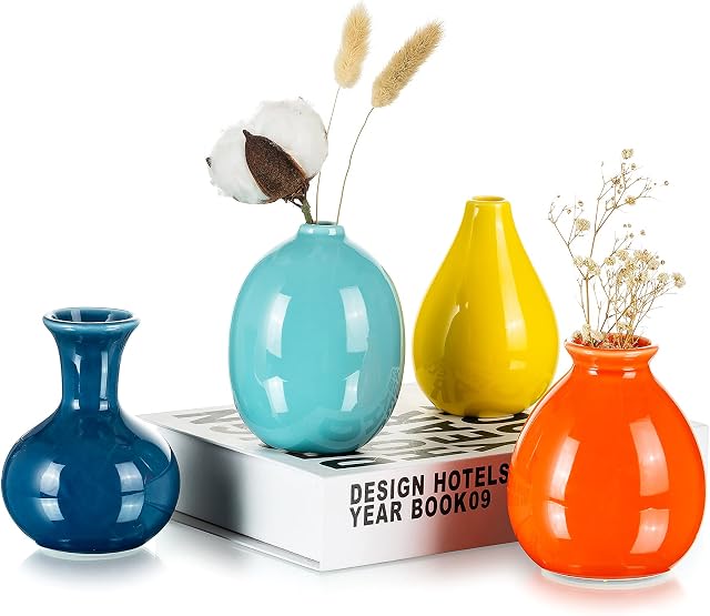 Hewory Bud Flower Vase Small: Modern Mini Coloured Ceramic Vases Set of 4 Glazed Vases for Flowers for Table Centrepiece Decoration, Home Living Room Wedding Reception Decor,10cm