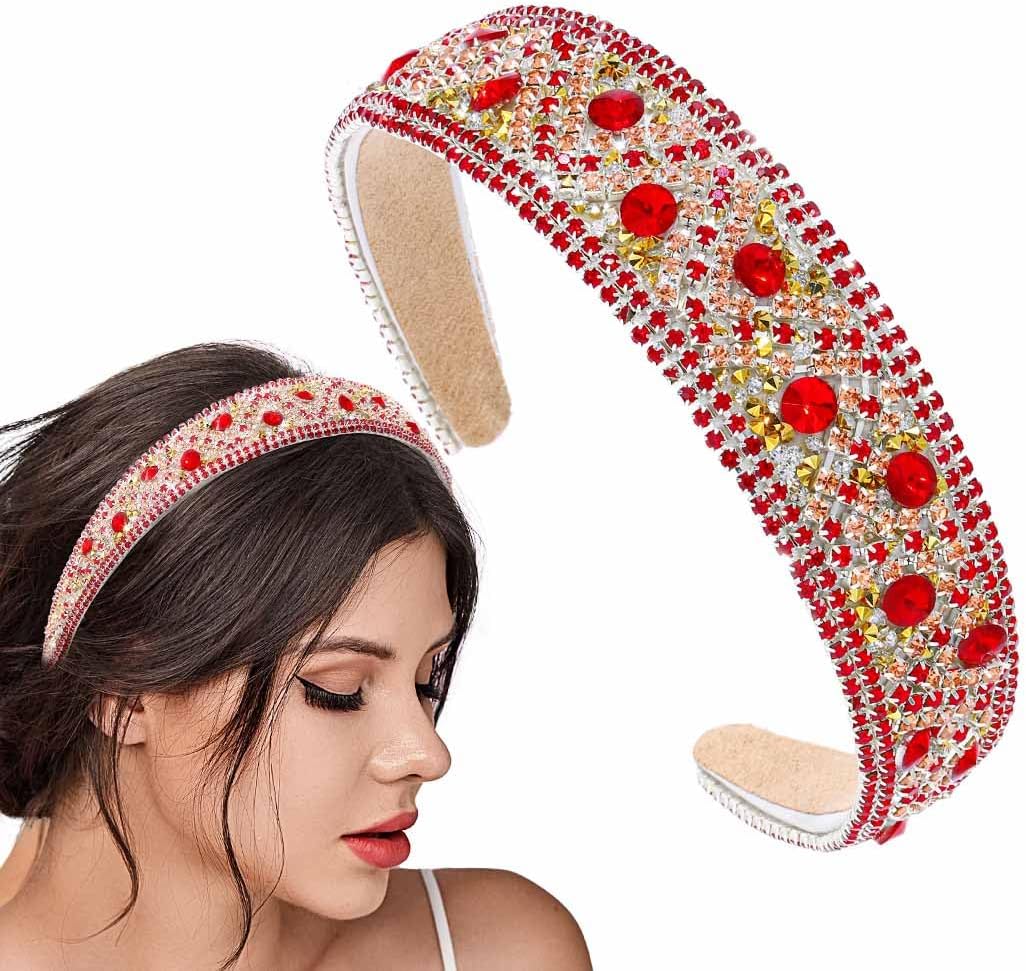 CoxivaRed Rhinestone Padded Headbands Glitter Crystal Hairband Baroque Hair Hoops Accessories Parties Headpiece for Women and Girls