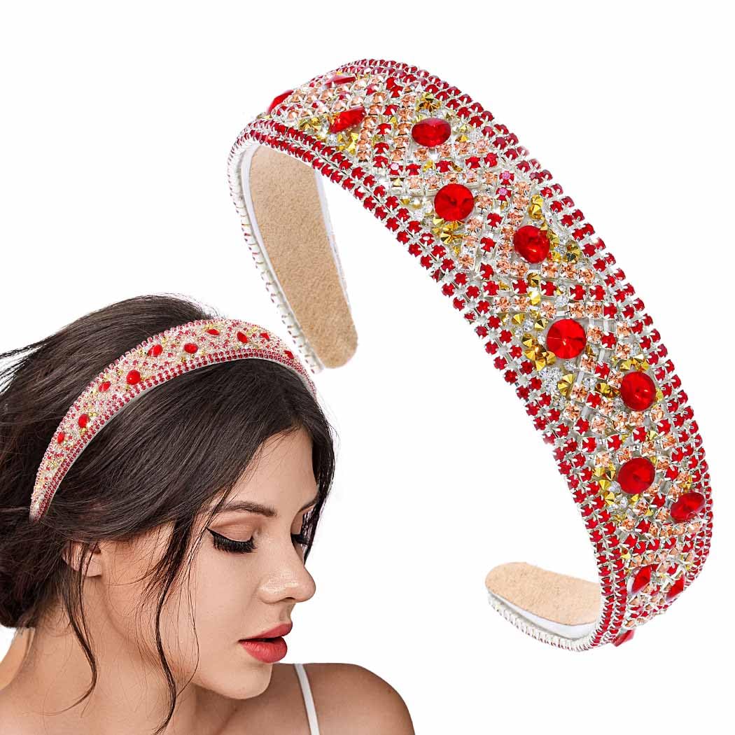 CoxivaRed Rhinestone Padded Headbands Glitter Crystal Hairband Baroque Hair Hoops Accessories Parties Headpiece for Women and Girls