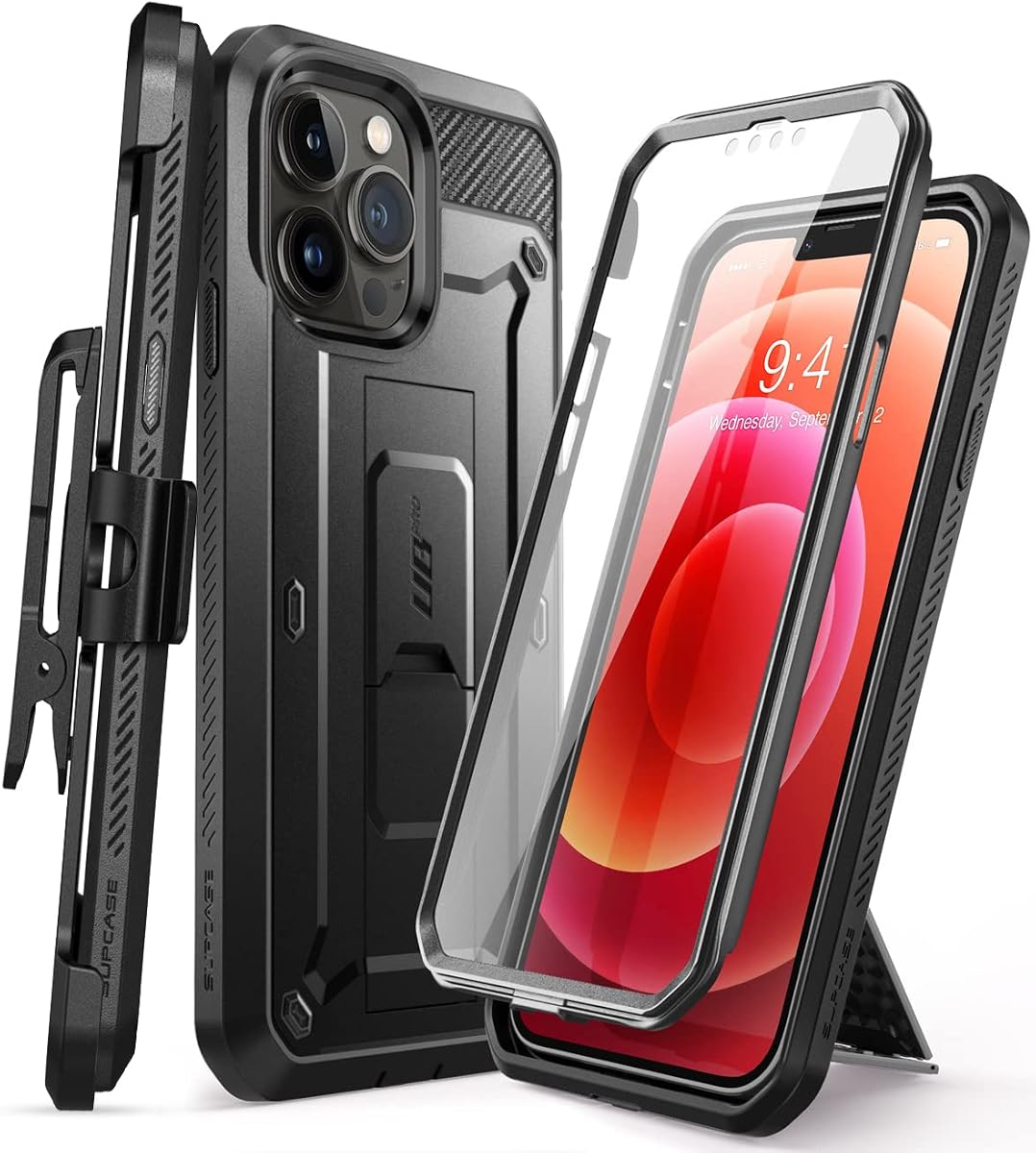 SUPCASE for iPhone 13 Pro Max Case (6.7 inch) with Screen Protector, Black | Built-in Kickstand, 360° Rotating Belt Clip, Full-Body Rugged Holster Case, Military-Grade Protection, Unicorn Beetle Pro
