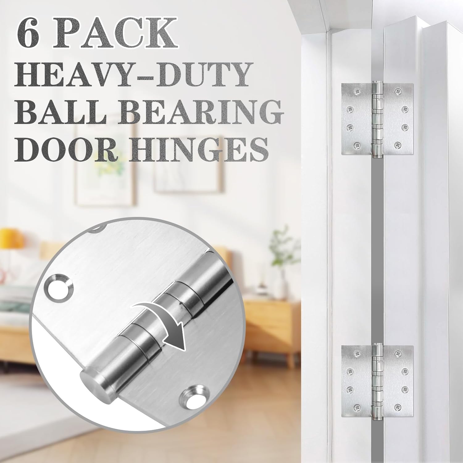 6Pcs Stainless Steel Silver Door Hinges, 4 x 4 Inch Door Hinge with Ball Bearing, Heavy Duty Door Hardware, Door Hinges with Square Corners