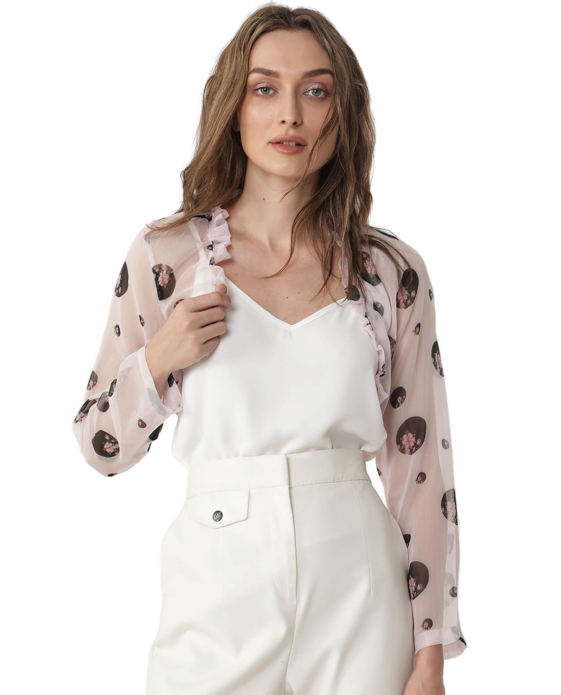 rareism Regular Cropped Light Pink Floral Polyester Collarless Shrug-picture-13