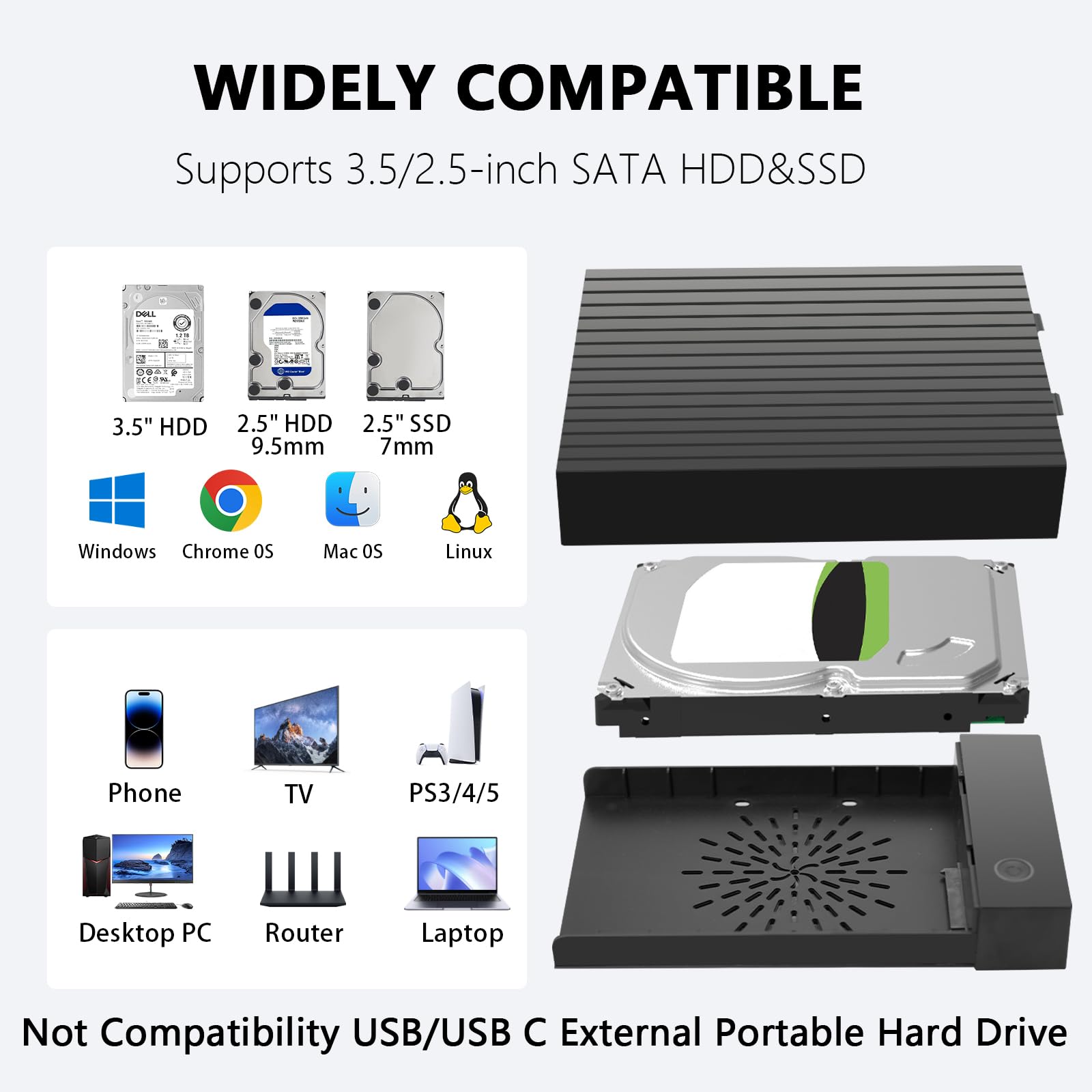 6Gbps Boitier Disque Dur 3.5, Adaptateur SATA USB pour SSD/HDD, Boitier SSD Externe 2.5"/3.5", Lecteur Disque Dur, Station d'accueil pour DisqueDur USB 3.0 SATA HDD, UASP