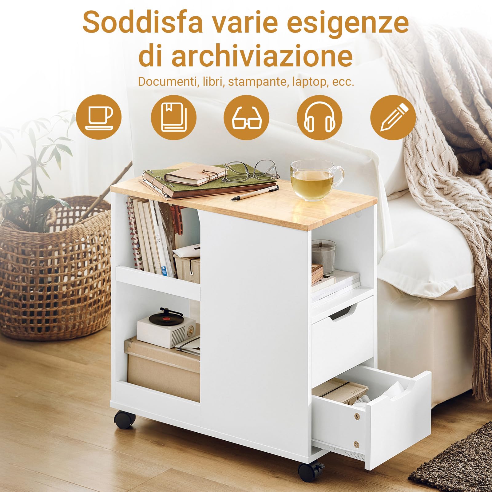 SoBuy tavolino salotto con ruote cassetti e vani L60xP30xH60cm