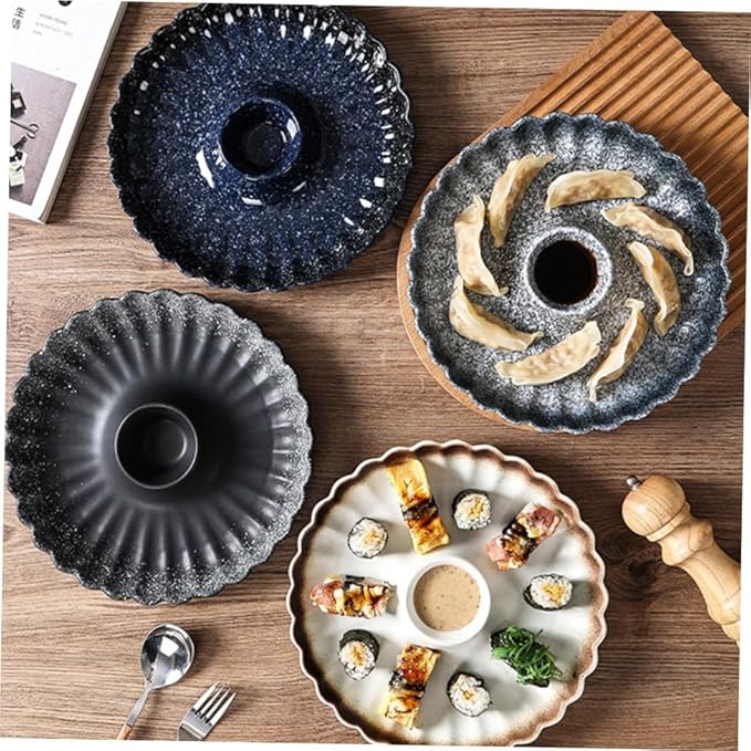 Plato de cerámica azul redondo para sushi y dumplings con salsera miniatura 2